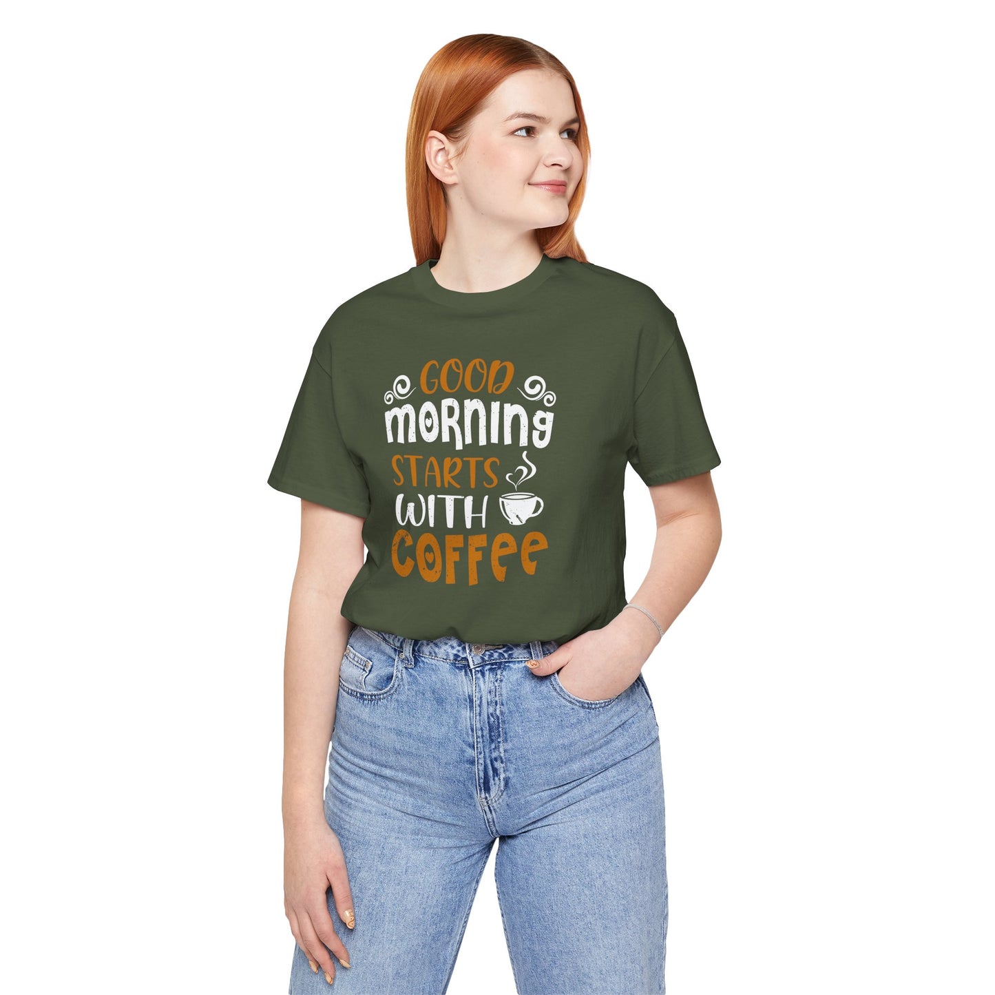 Good Morning Starts With Coffee Unisex Jersey Short Sleeve Tee