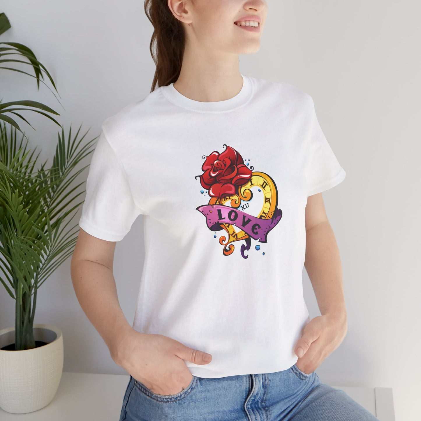 Timeless Love Heart-Shaped Clock with Love Scroll & Rose Unisex Jersey Short Sleeve Tee