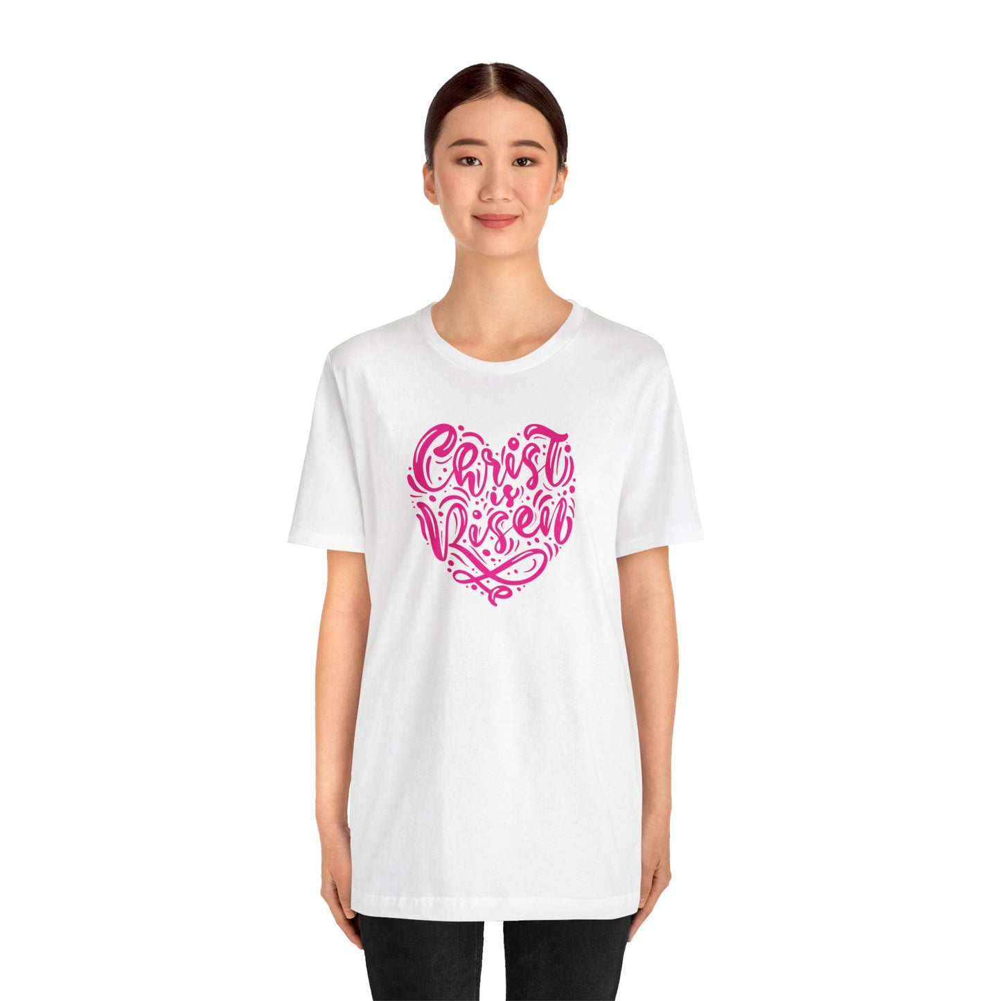 Christ is Risen Heart Shaped Pink Print Unisex Jersey Short Sleeve Tee