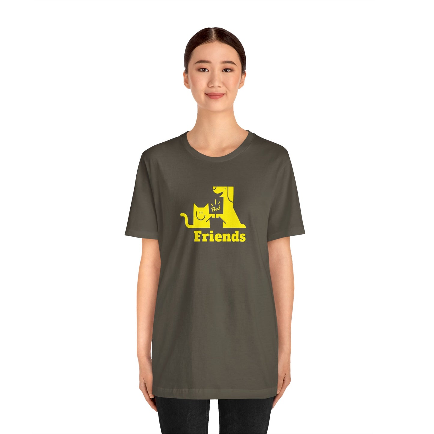 Cat & Dog Hi-5 Each Other Best Friends Yellow Print Unisex Jersey Short Sleeve Tee