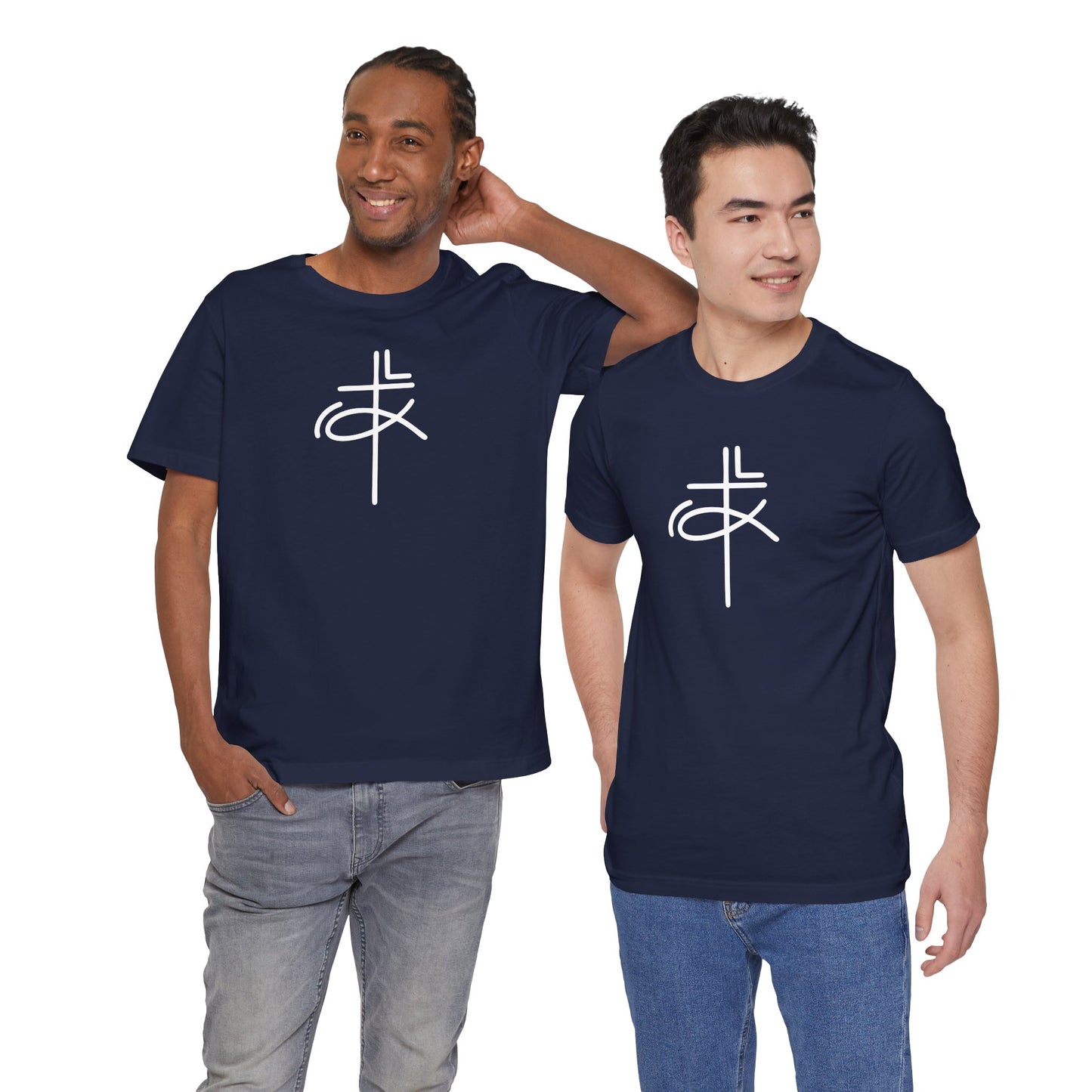 Crucifix Ichthys Jesus Fish White Print Unisex Jersey Short Sleeve Tee