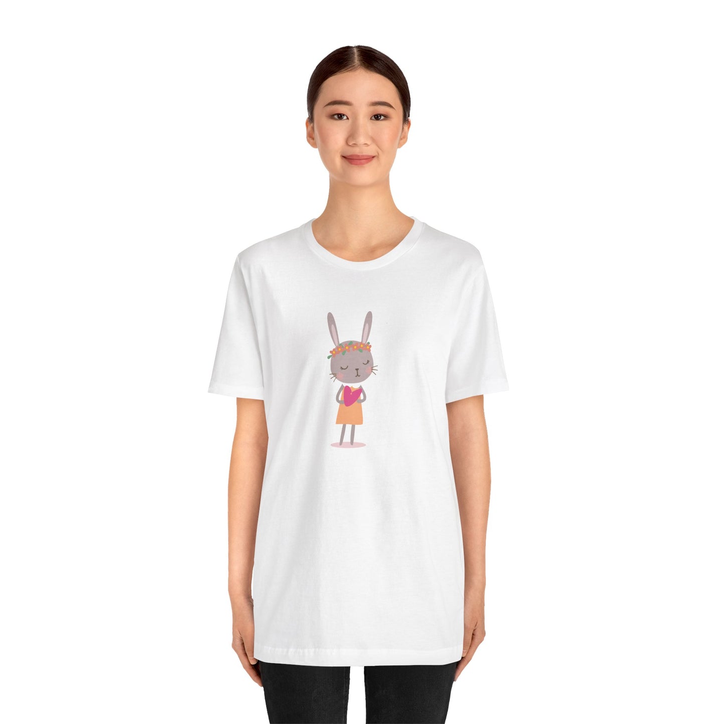 Bunny Love Whimsical Girl Rabbit with Spring Flowers Unisex Jersey Short Sleeve Tee