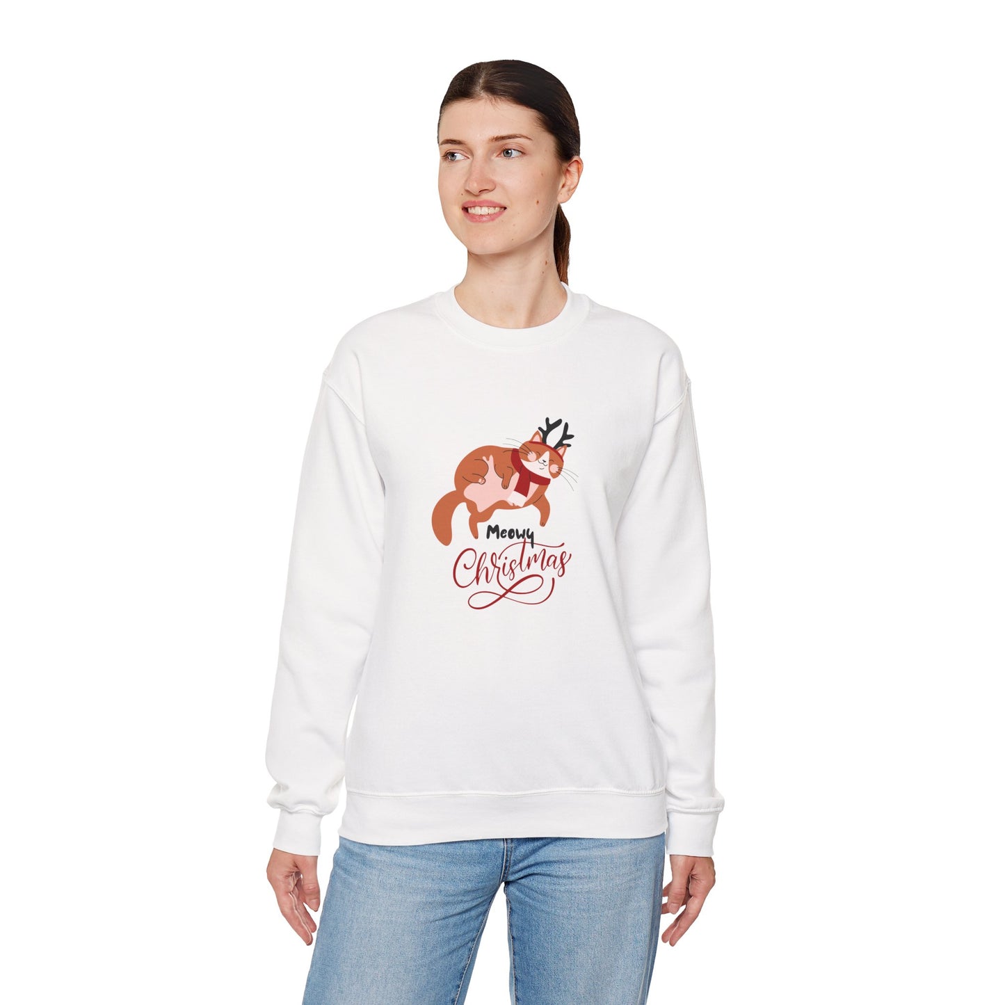 Meowy Christmas with Reindeer Cat ππ±π¦ Unisex Heavy Blend Crewneck Sweatshirt