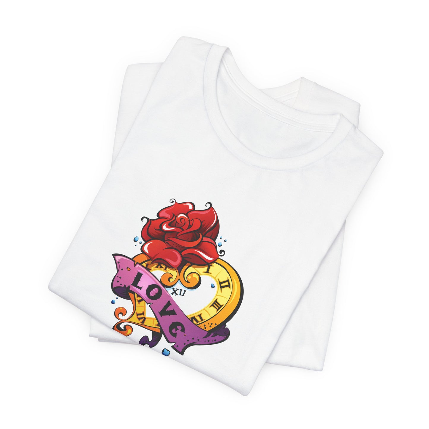 Timeless Love Heart-Shaped Clock with Love Scroll & Rose Unisex Jersey Short Sleeve Tee