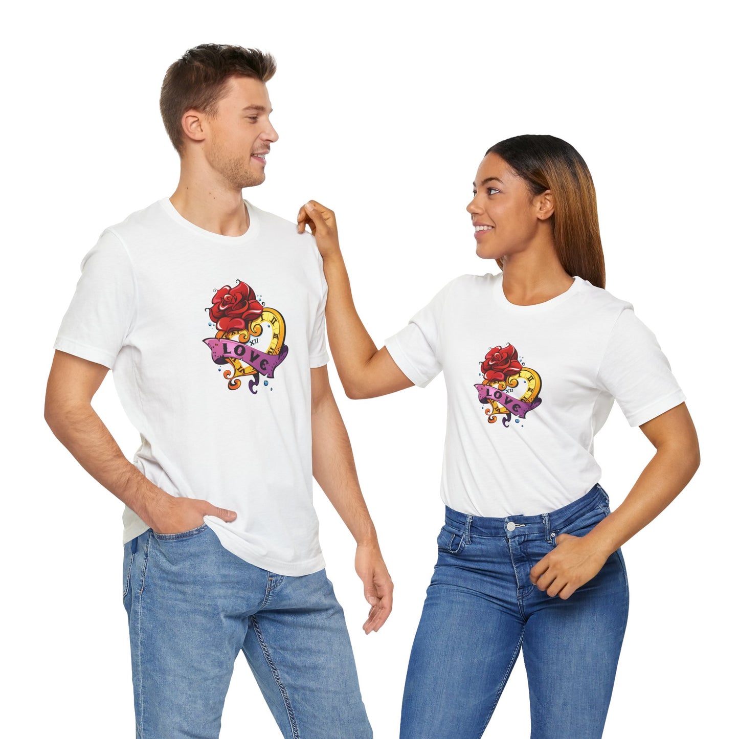 Timeless Love Heart-Shaped Clock with Love Scroll & Rose Unisex Jersey Short Sleeve Tee
