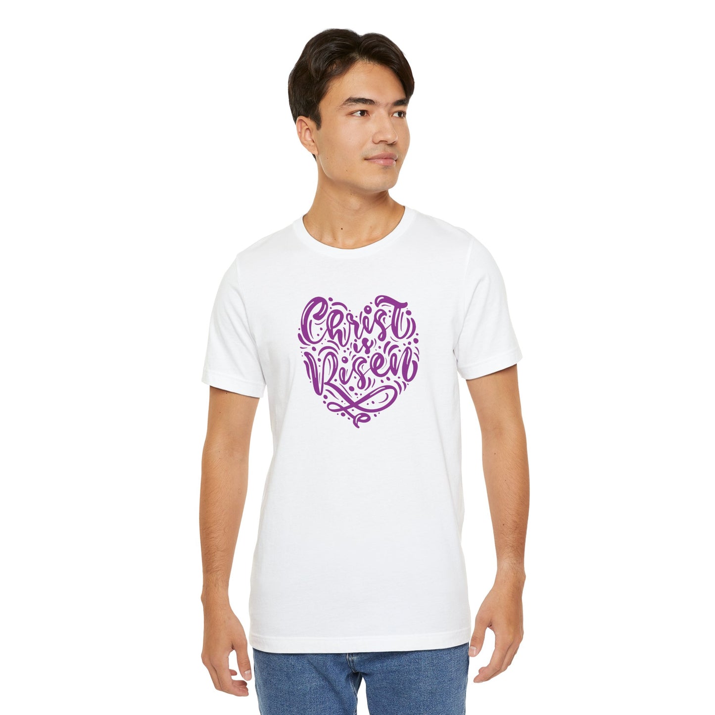 Christ is Risen Heart Shaped Purple Print Unisex Jersey Short Sleeve Tee