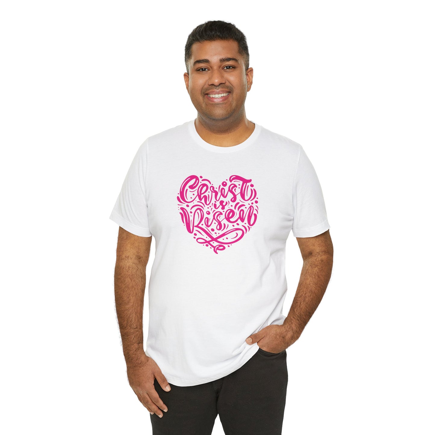 Christ is Risen Heart Shaped Pink Print Unisex Jersey Short Sleeve Tee