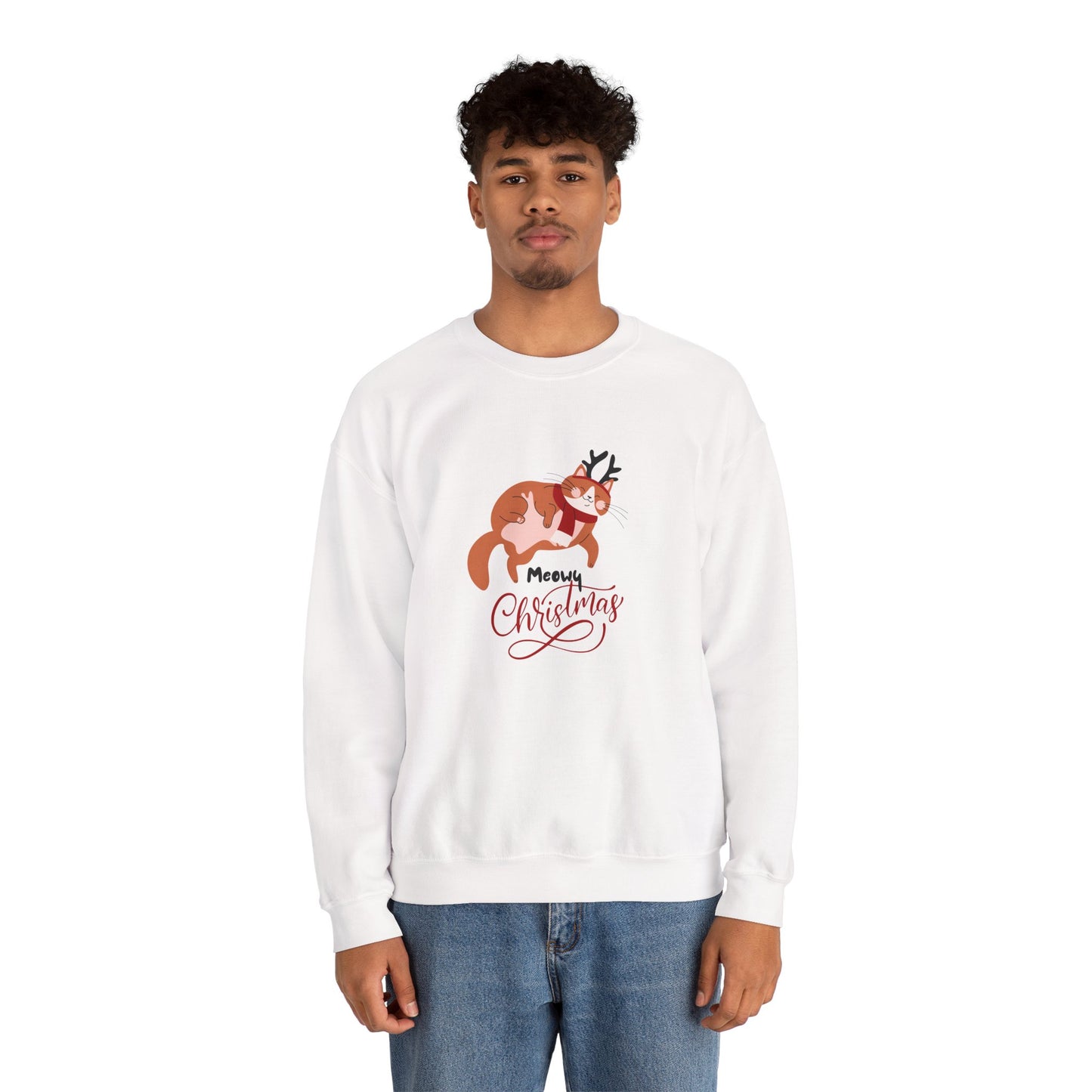 Meowy Christmas with Reindeer Cat ππ±π¦ Unisex Heavy Blend Crewneck Sweatshirt