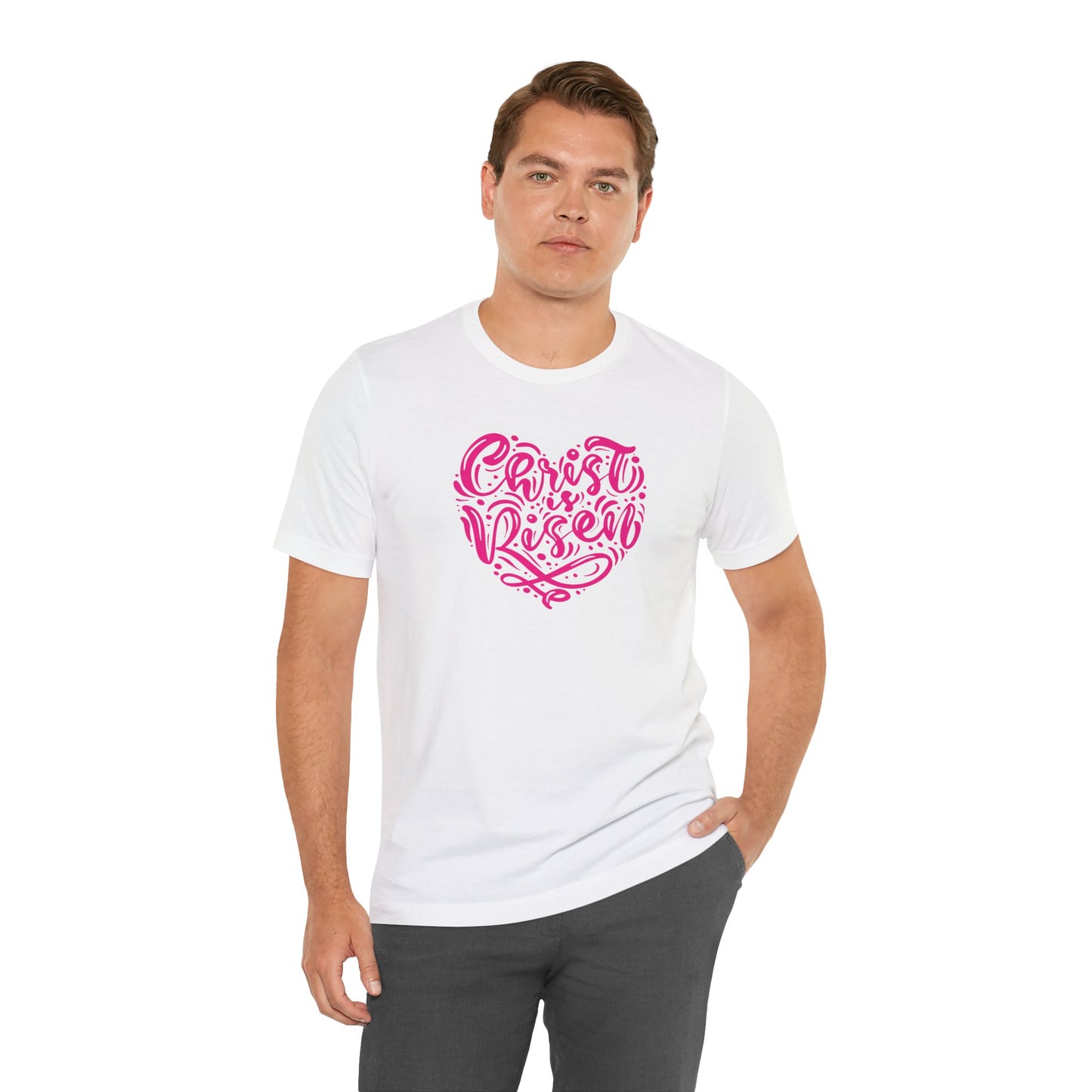 Christ is Risen Heart Shaped Pink Print Unisex Jersey Short Sleeve Tee