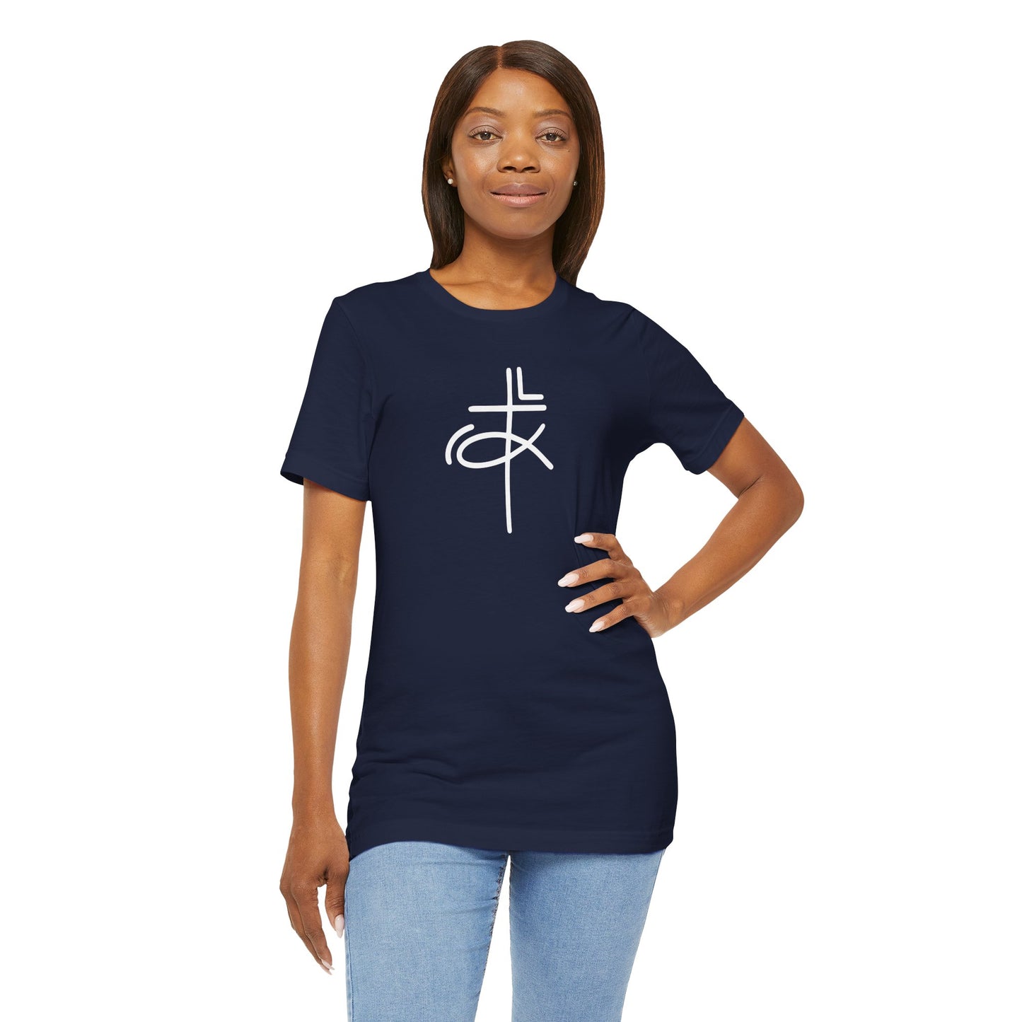 Crucifix Ichthys Jesus Fish White Print Unisex Jersey Short Sleeve Tee