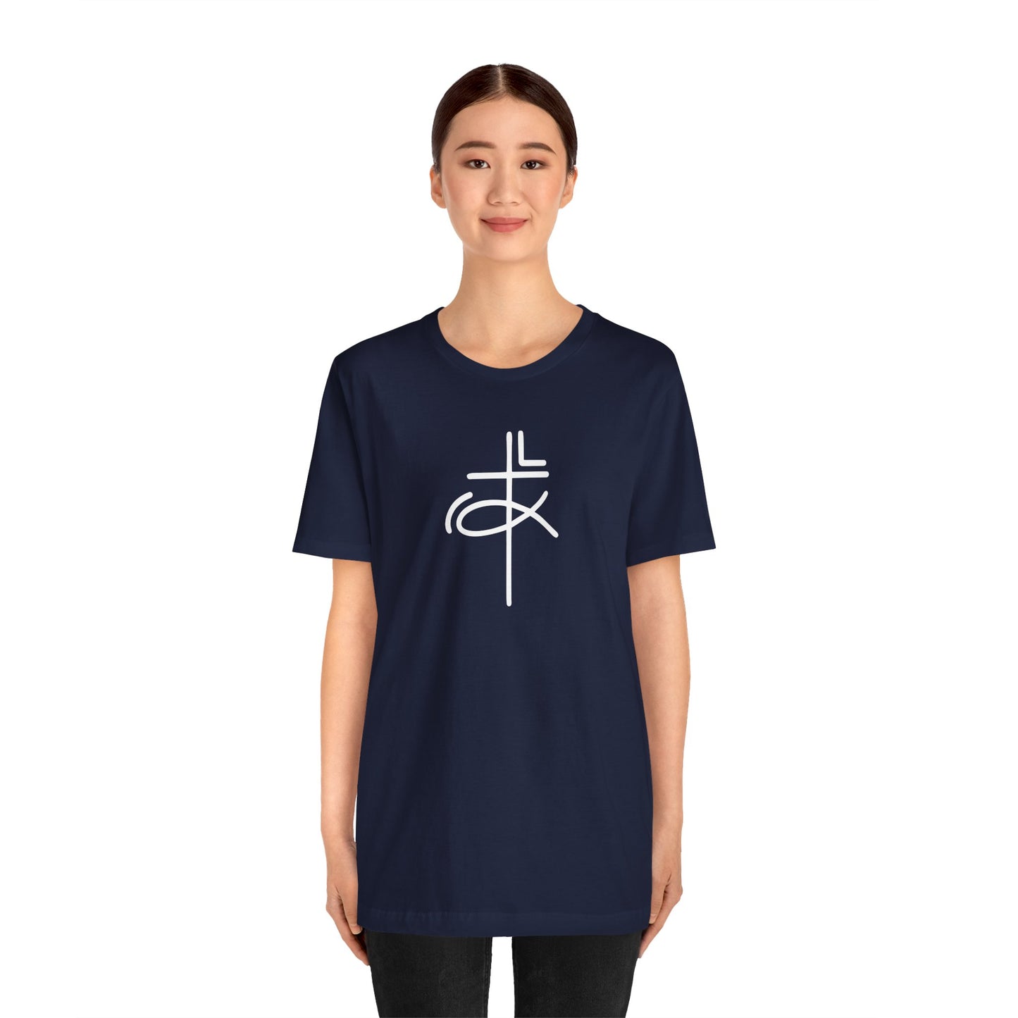Crucifix Ichthys Jesus Fish White Print Unisex Jersey Short Sleeve Tee