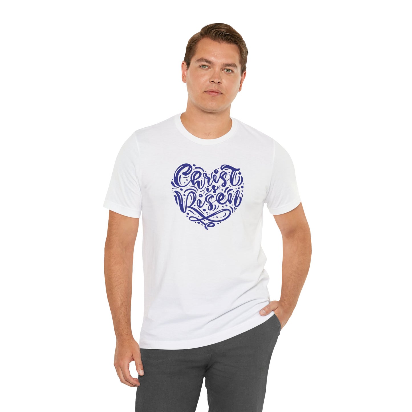 Christ is Risen Heart Shaped Navy Print Unisex Jersey Short Sleeve Tee
