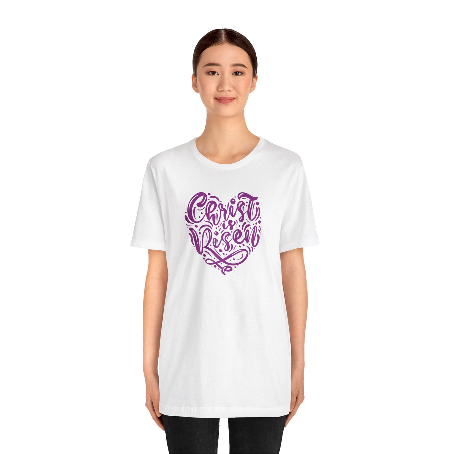 Christ is Risen Heart Shaped Purple Print Unisex Jersey Short Sleeve Tee