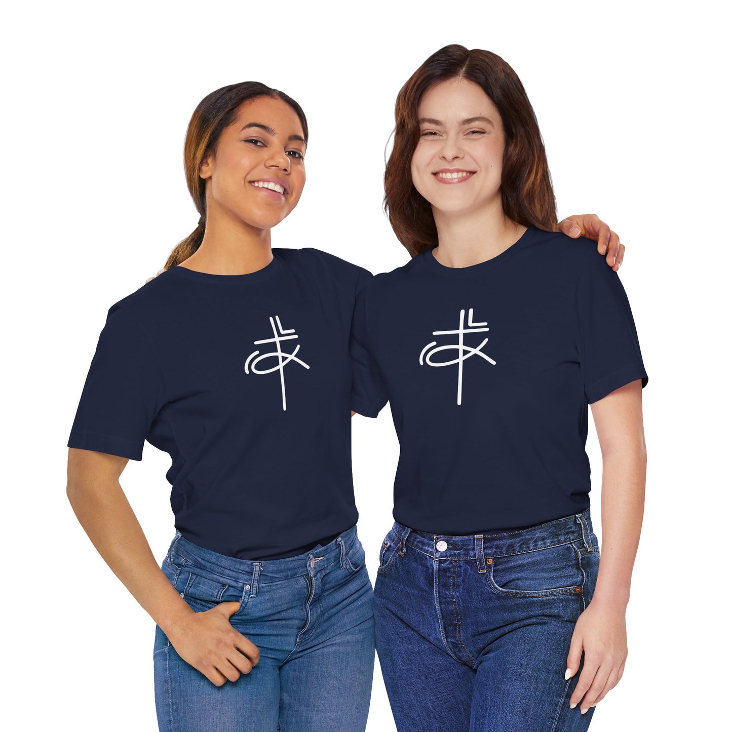 Crucifix Ichthys Jesus Fish White Print Unisex Jersey Short Sleeve Tee