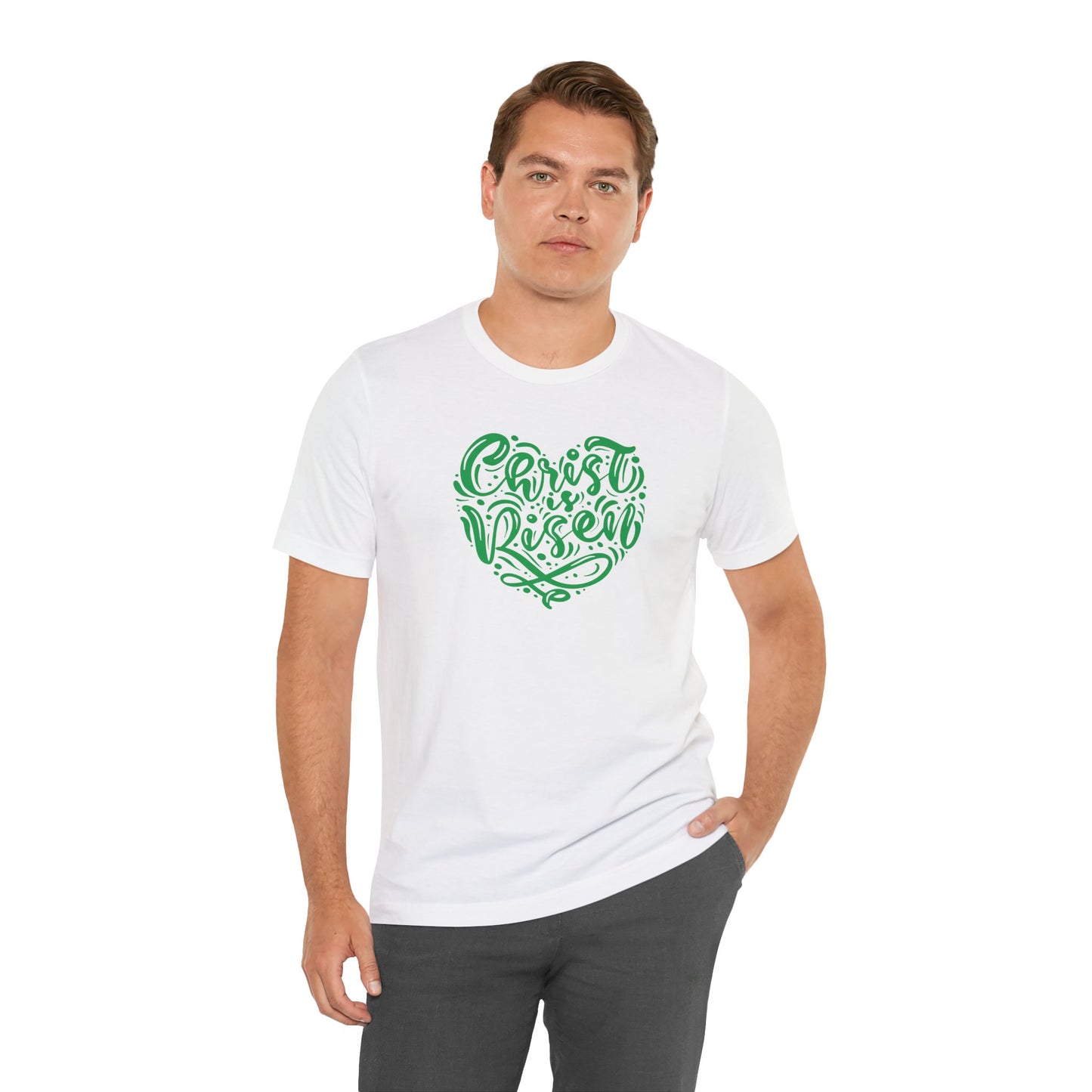 Christ is Risen Heart Shaped Green Print Unisex Jersey Short Sleeve Tee