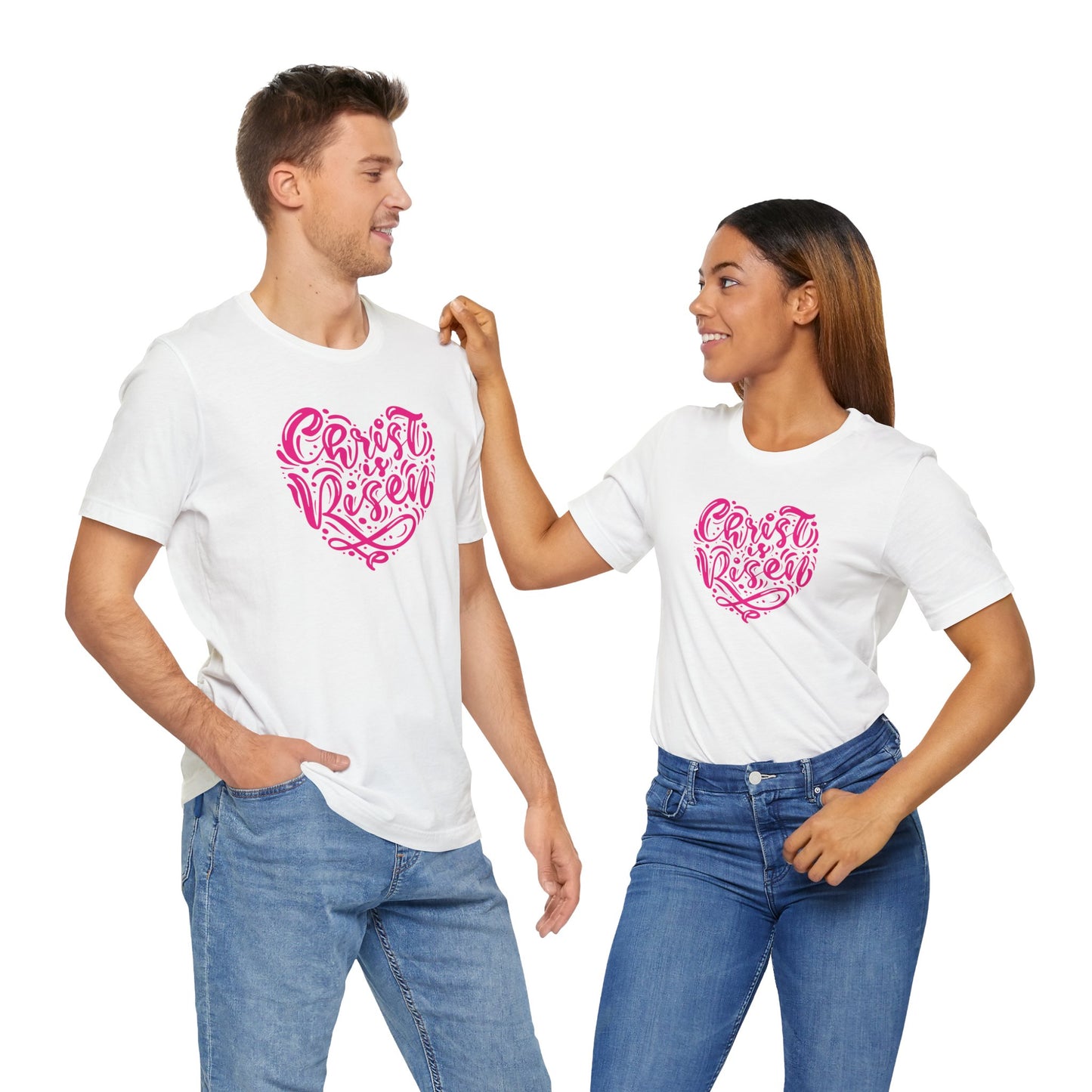Christ is Risen Heart Shaped Pink Print Unisex Jersey Short Sleeve Tee