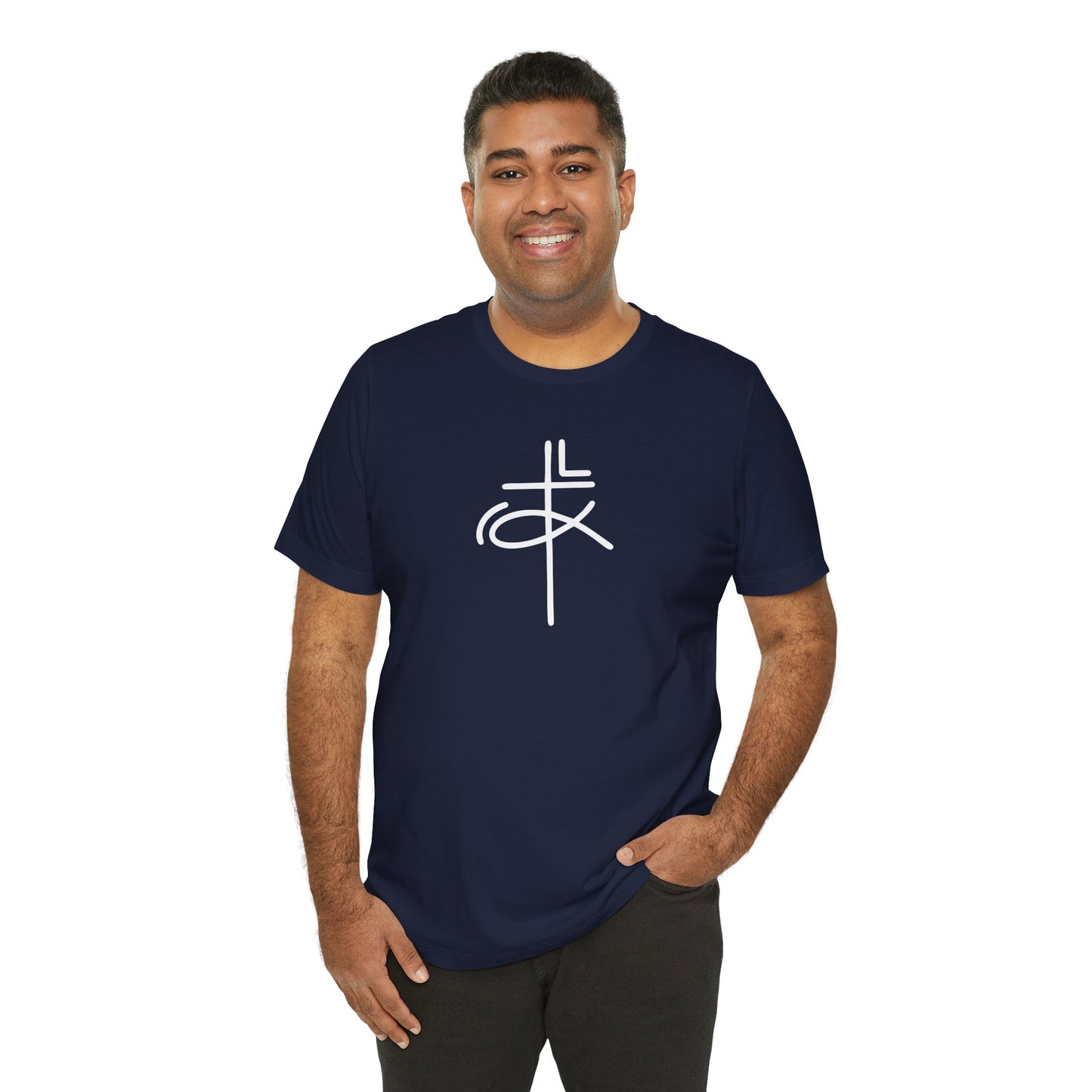 Crucifix Ichthys Jesus Fish White Print Unisex Jersey Short Sleeve Tee
