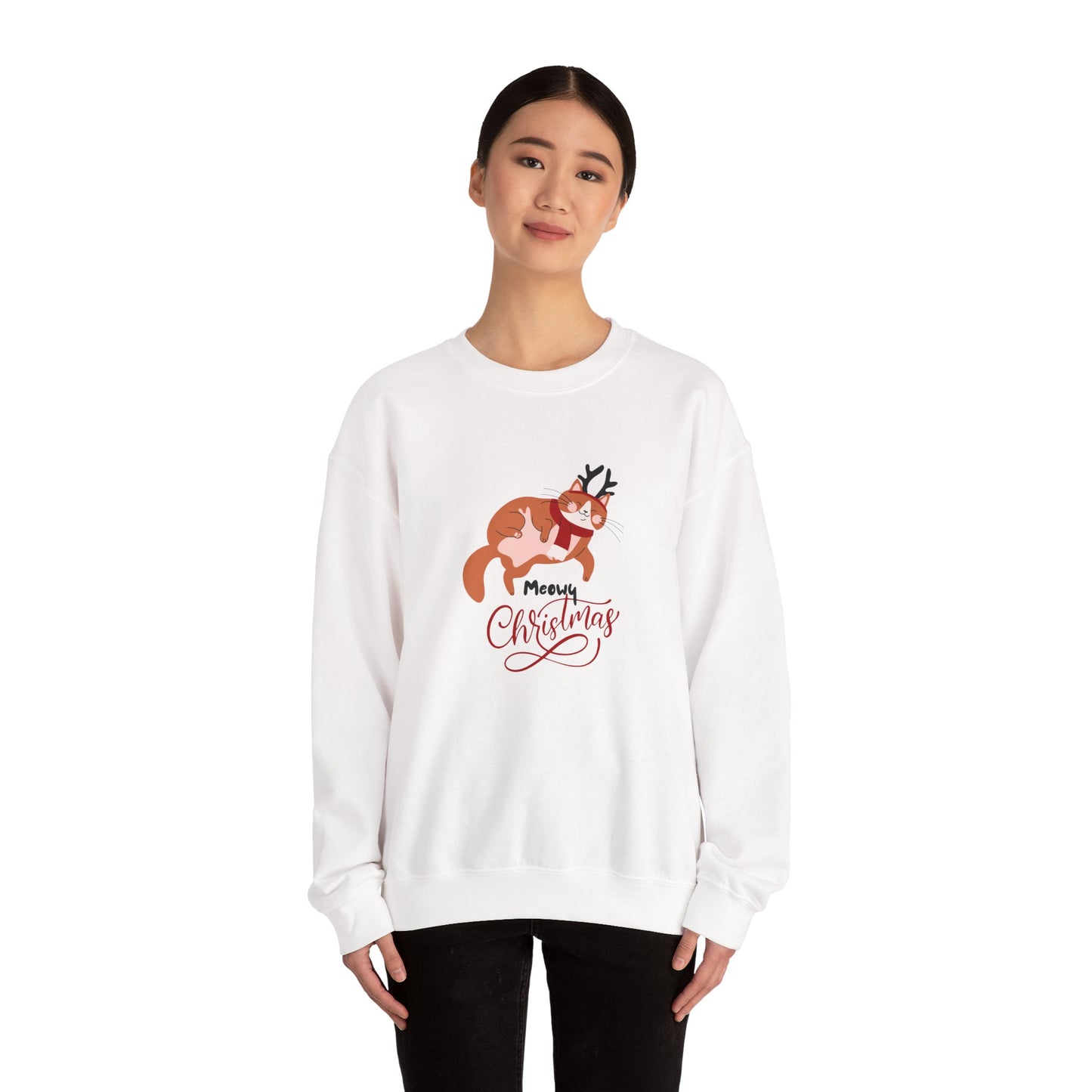 Meowy Christmas with Reindeer Cat ππ±π¦ Unisex Heavy Blend Crewneck Sweatshirt