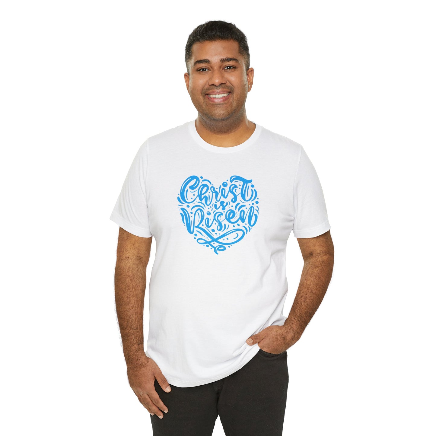 Christ is Risen Heart Shaped Blue Print Unisex Jersey Short Sleeve Tee