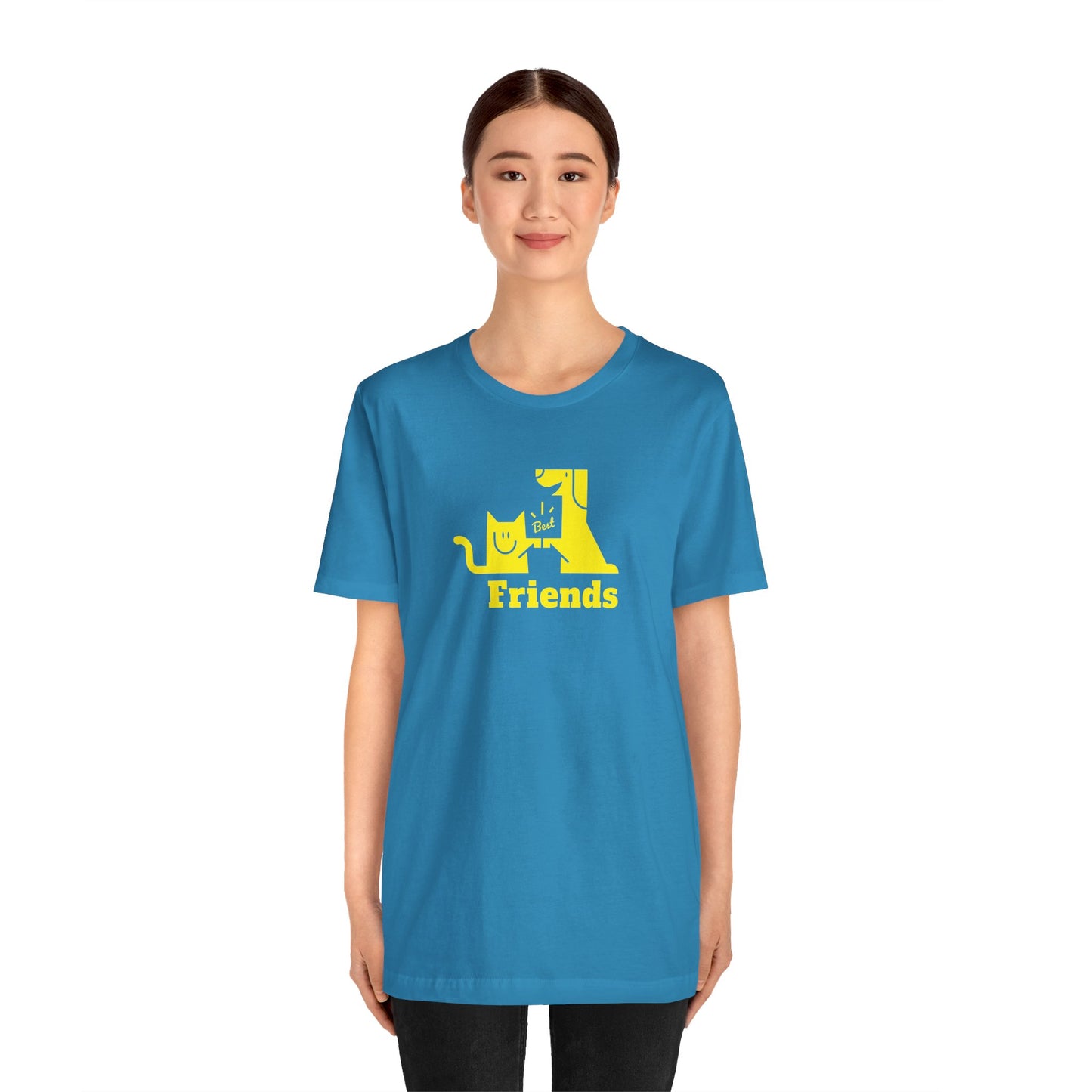 Cat & Dog Hi-5 Each Other Best Friends Yellow Print Unisex Jersey Short Sleeve Tee