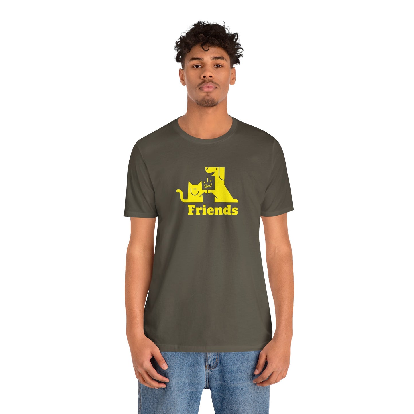 Cat & Dog Hi-5 Each Other Best Friends Yellow Print Unisex Jersey Short Sleeve Tee