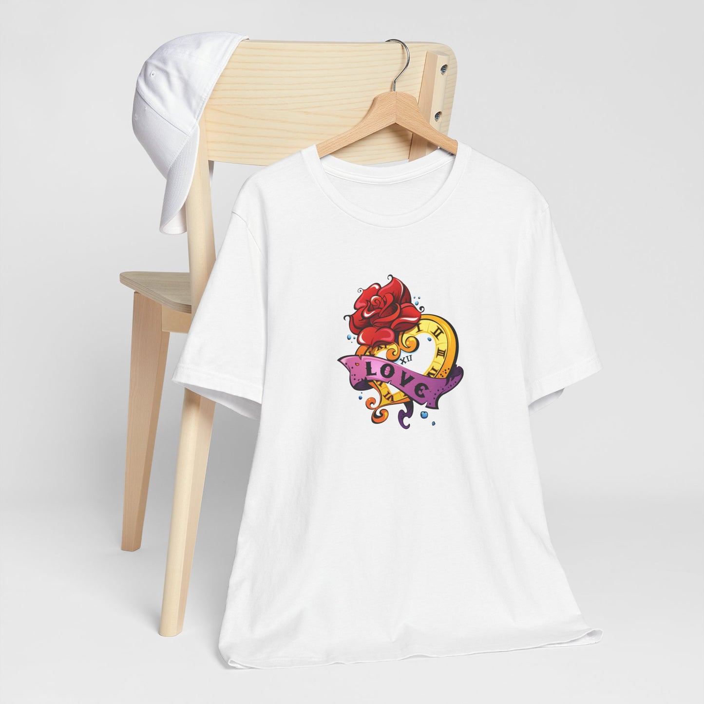 Timeless Love Heart-Shaped Clock with Love Scroll & Rose Unisex Jersey Short Sleeve Tee