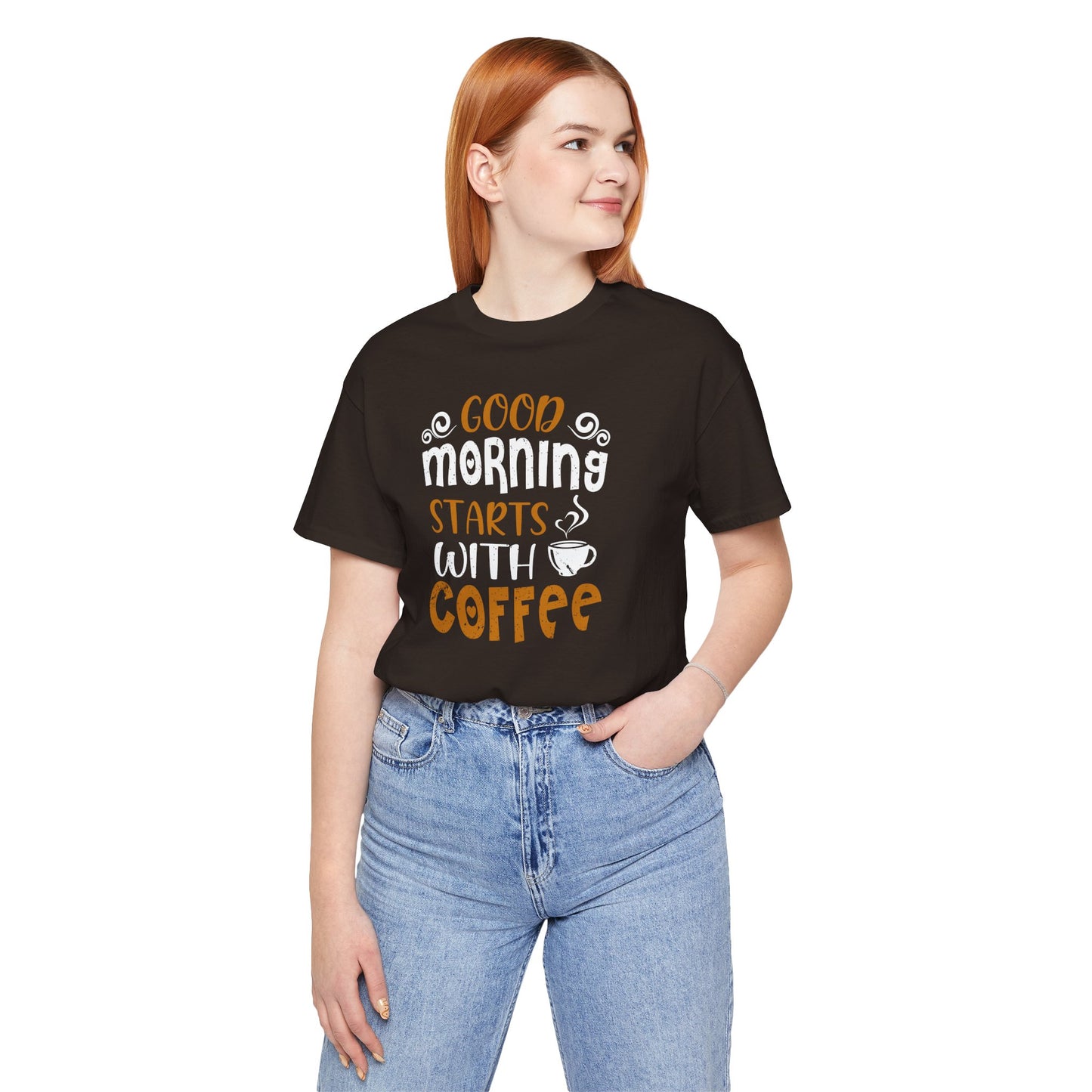 Good Morning Starts With Coffee Unisex Jersey Short Sleeve Tee