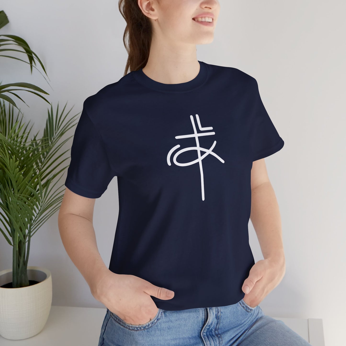 Crucifix Ichthys Jesus Fish White Print Unisex Jersey Short Sleeve Tee