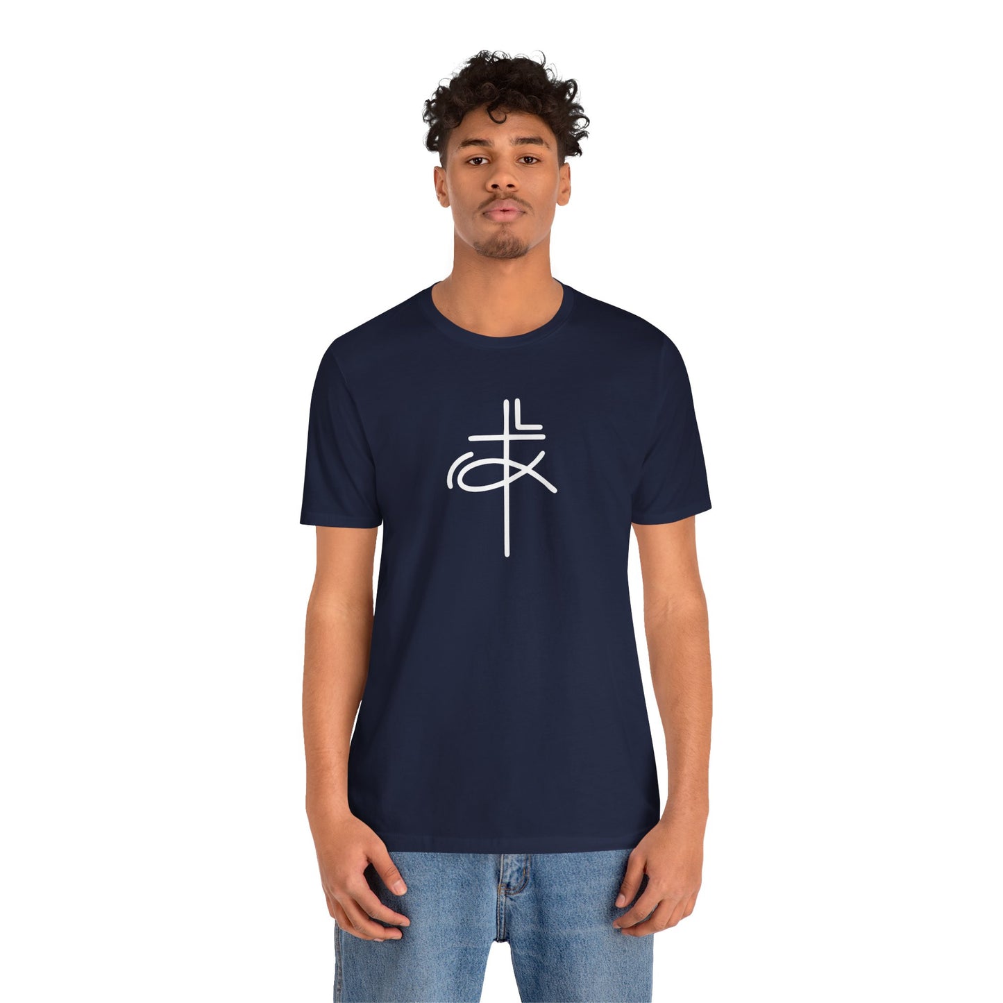 Crucifix Ichthys Jesus Fish White Print Unisex Jersey Short Sleeve Tee