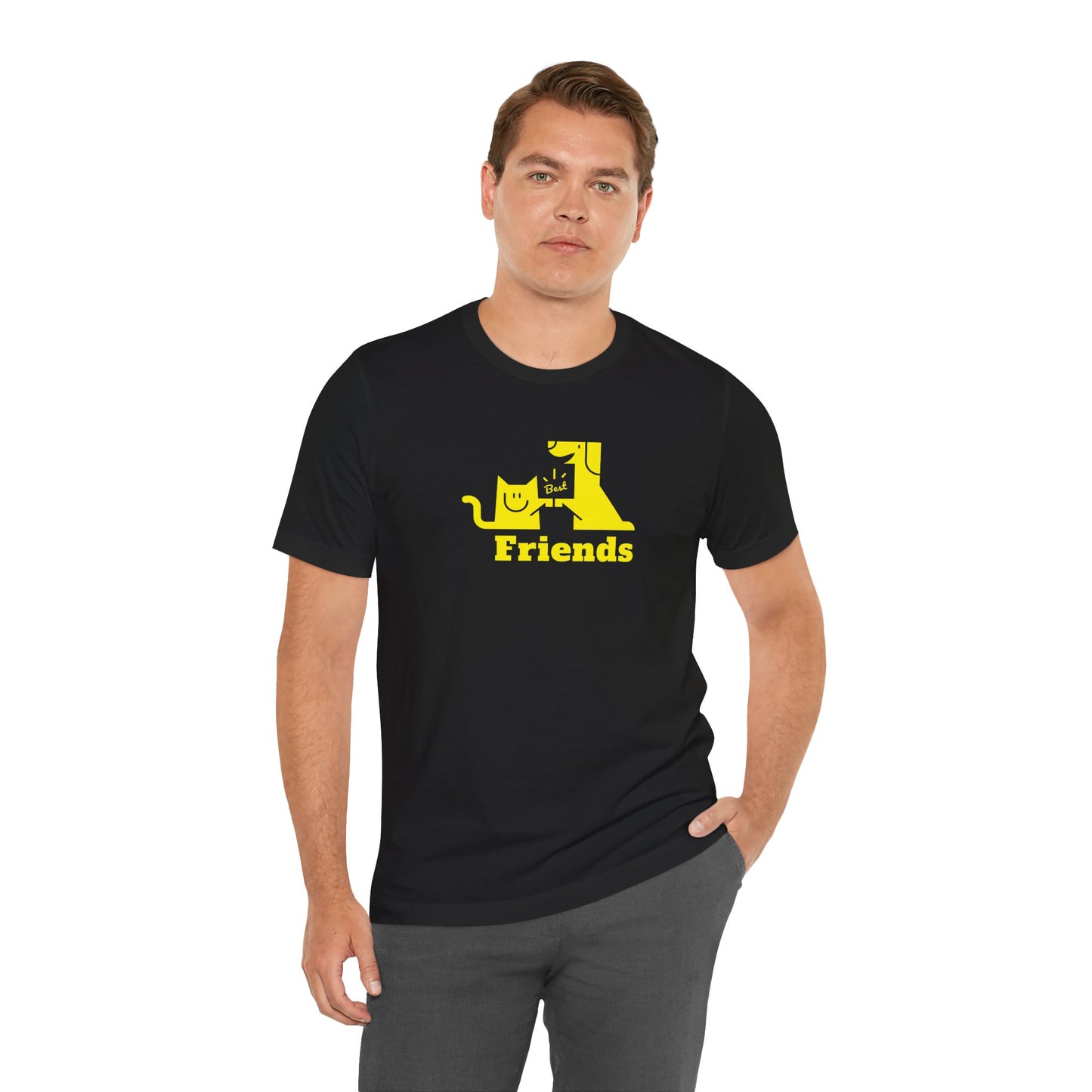 Cat & Dog Hi-5 Each Other Best Friends Yellow Print Unisex Jersey Short Sleeve Tee