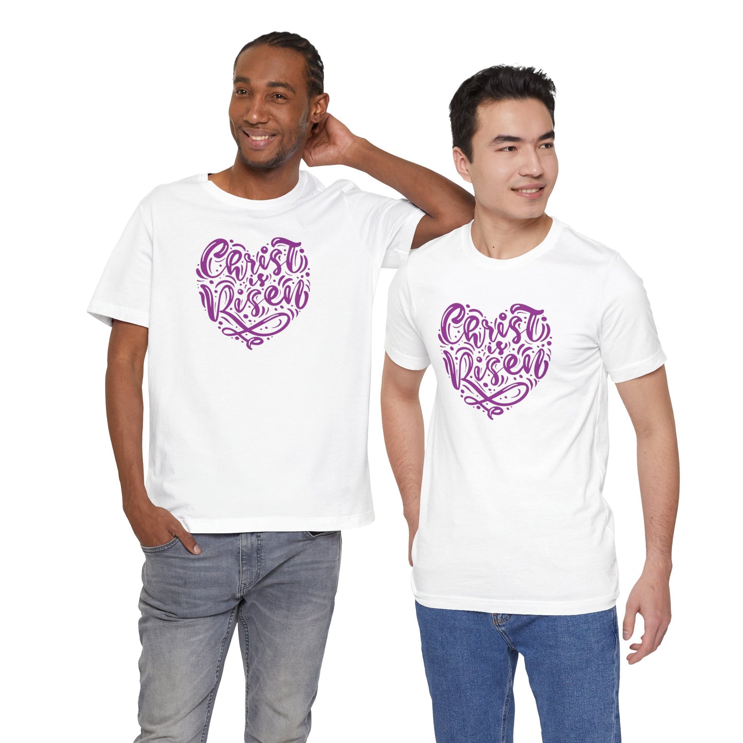 Christ is Risen Heart Shaped Purple Print Unisex Jersey Short Sleeve Tee