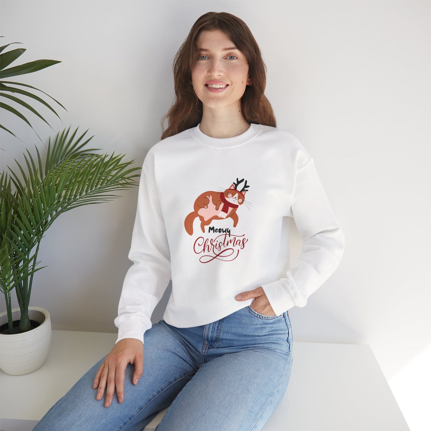 Meowy Christmas with Reindeer Cat ππ±π¦ Unisex Heavy Blend Crewneck Sweatshirt