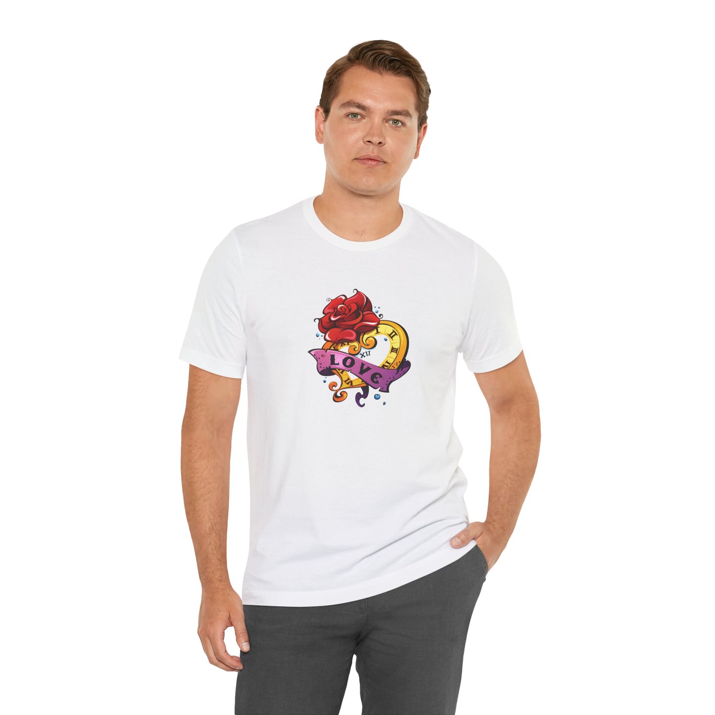 Timeless Love Heart-Shaped Clock with Love Scroll & Rose Unisex Jersey Short Sleeve Tee