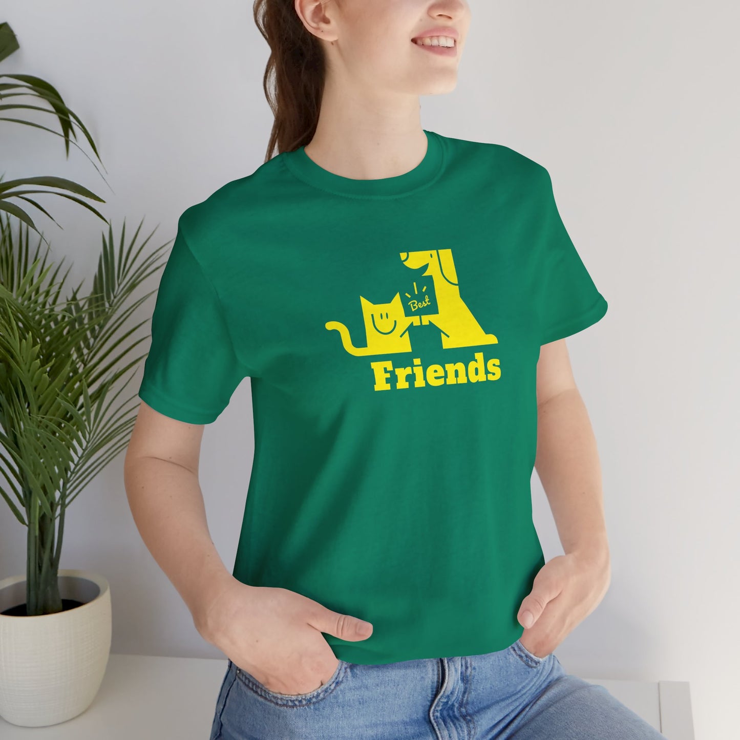 Cat & Dog Hi-5 Each Other Best Friends Yellow Print Unisex Jersey Short Sleeve Tee