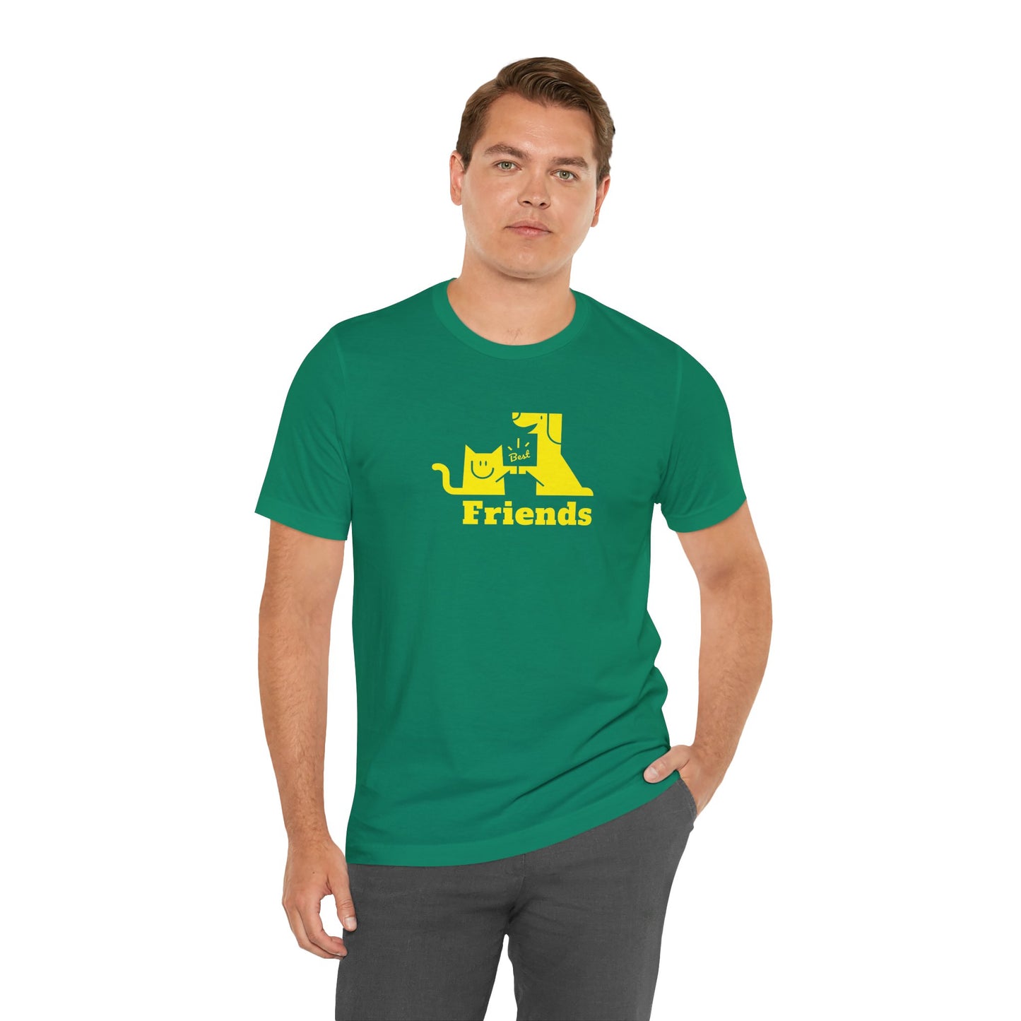 Cat & Dog Hi-5 Each Other Best Friends Yellow Print Unisex Jersey Short Sleeve Tee