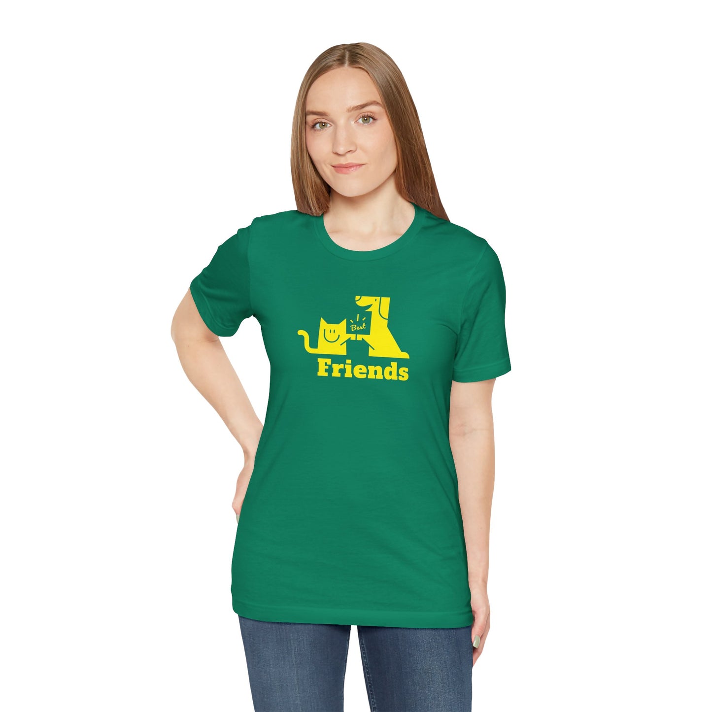 Cat & Dog Hi-5 Each Other Best Friends Yellow Print Unisex Jersey Short Sleeve Tee