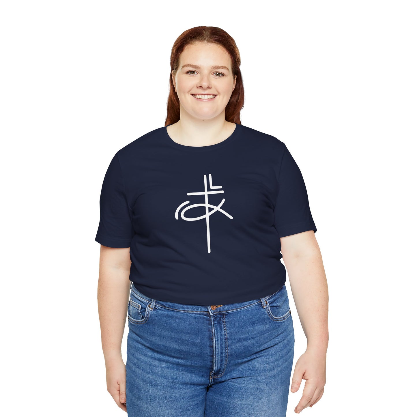 Crucifix Ichthys Jesus Fish White Print Unisex Jersey Short Sleeve Tee