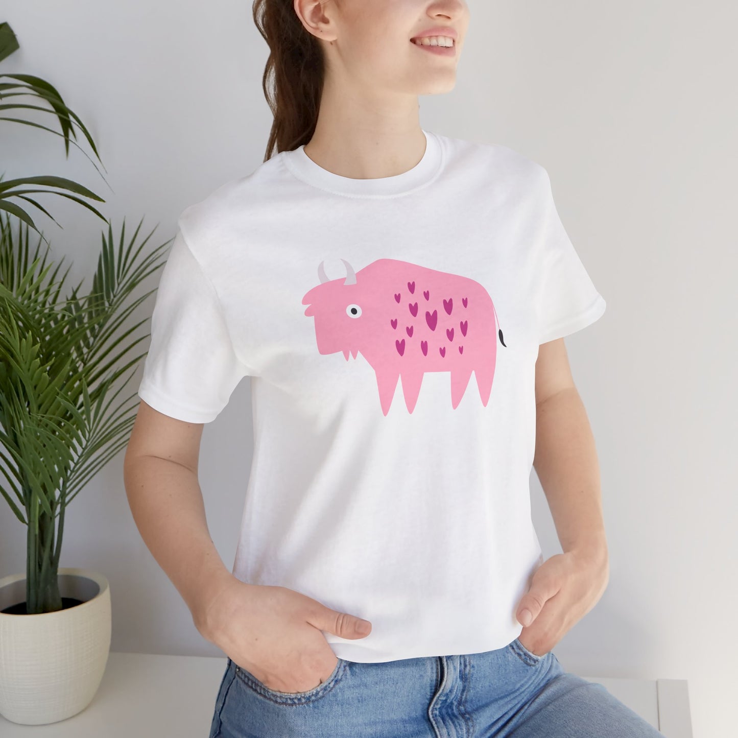 Adorably Quirky Pink Bison With Hearts Unisex Jersey Short Sleeve Tee