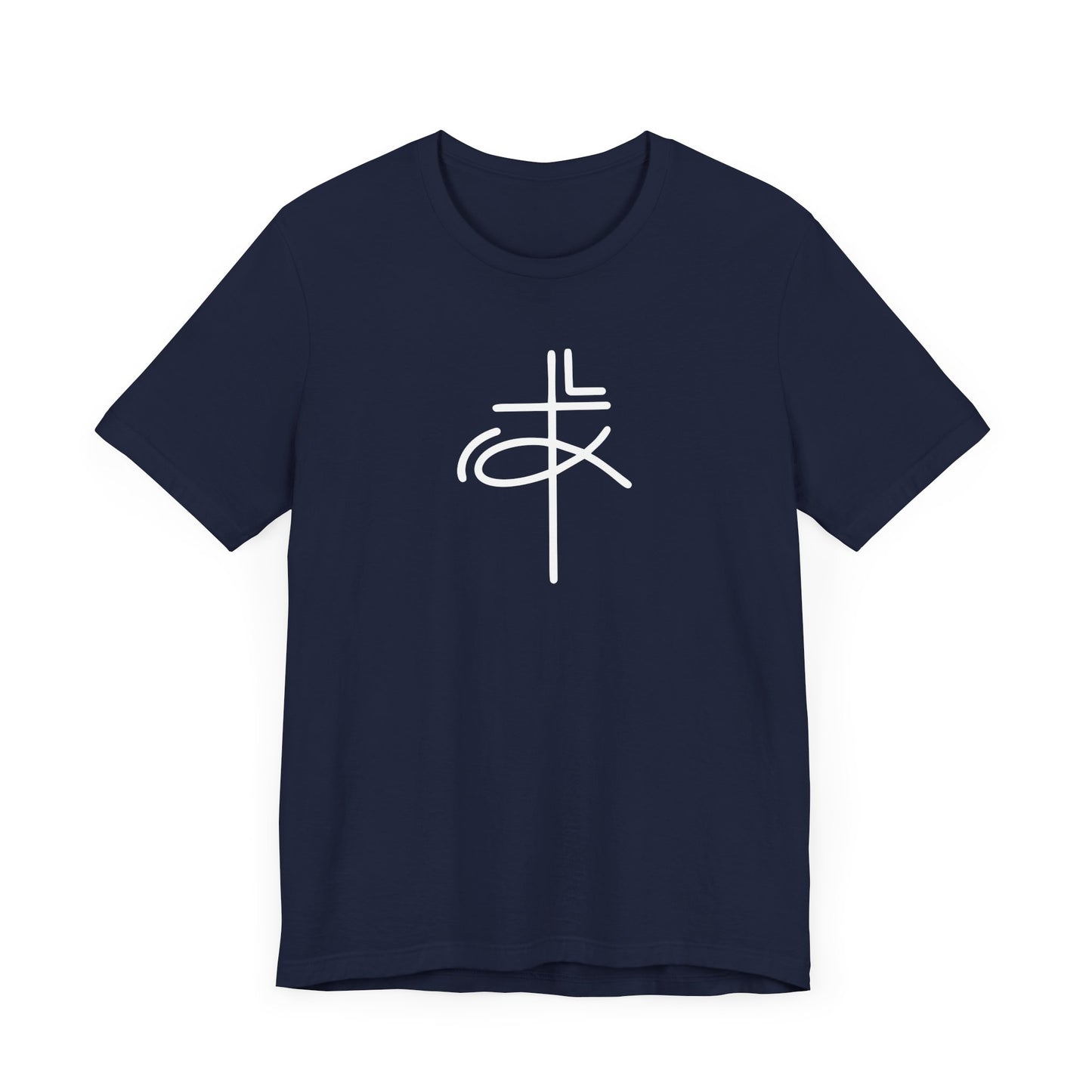 Crucifix Ichthys Jesus Fish White Print Unisex Jersey Short Sleeve Tee