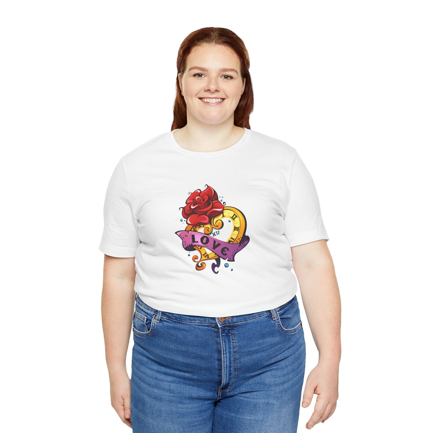 Timeless Love Heart-Shaped Clock with Love Scroll & Rose Unisex Jersey Short Sleeve Tee