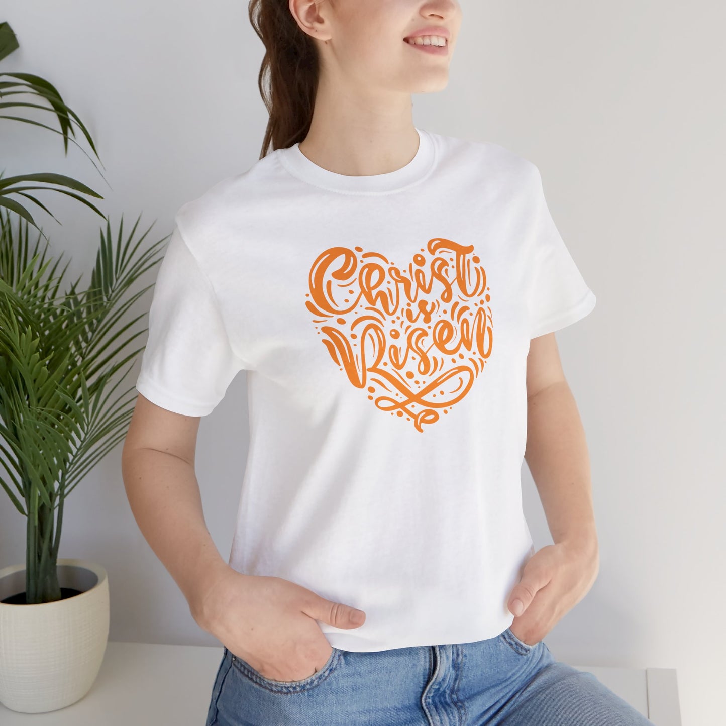 Christ is Risen Heart Shaped Orange Print Unisex Jersey Short Sleeve Tee