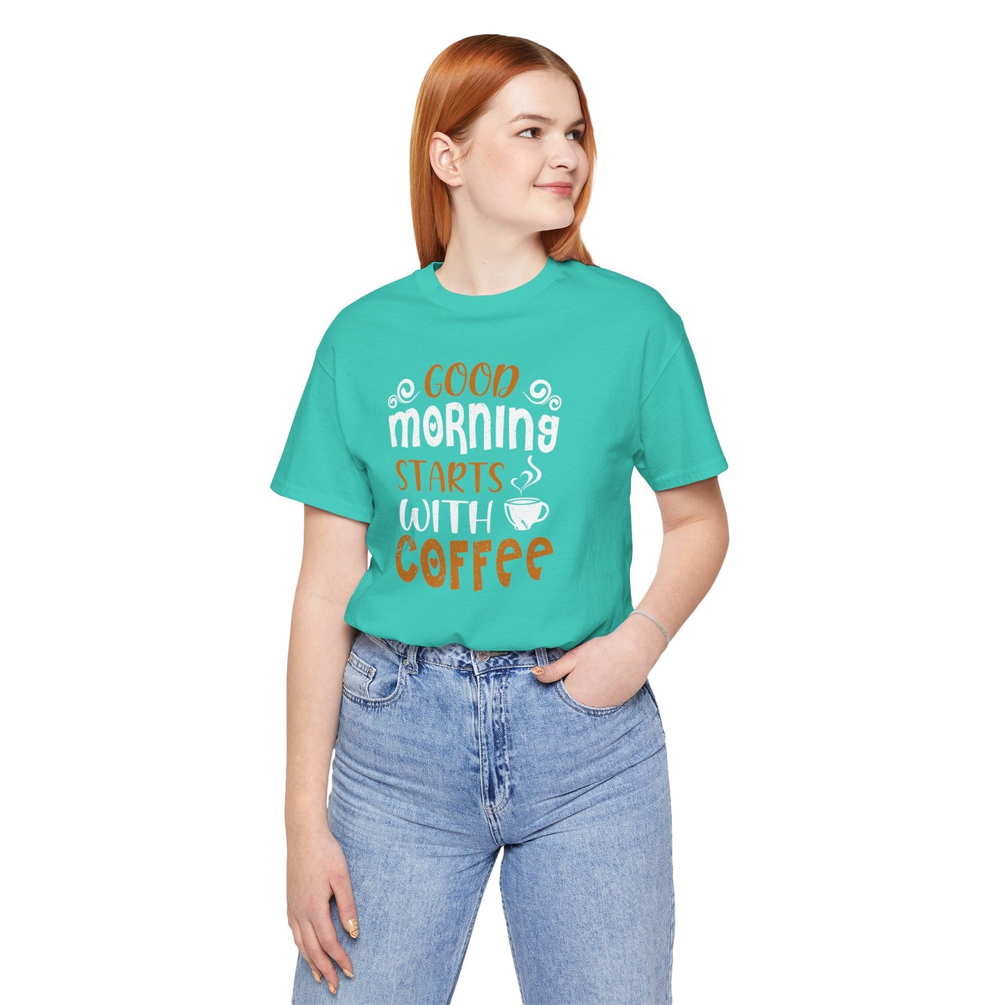 Good Morning Starts With Coffee Unisex Jersey Short Sleeve Tee