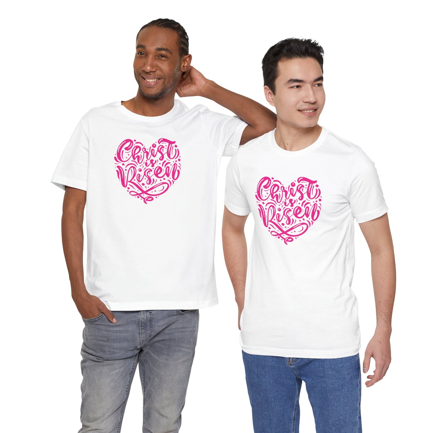 Christ is Risen Heart Shaped Pink Print Unisex Jersey Short Sleeve Tee