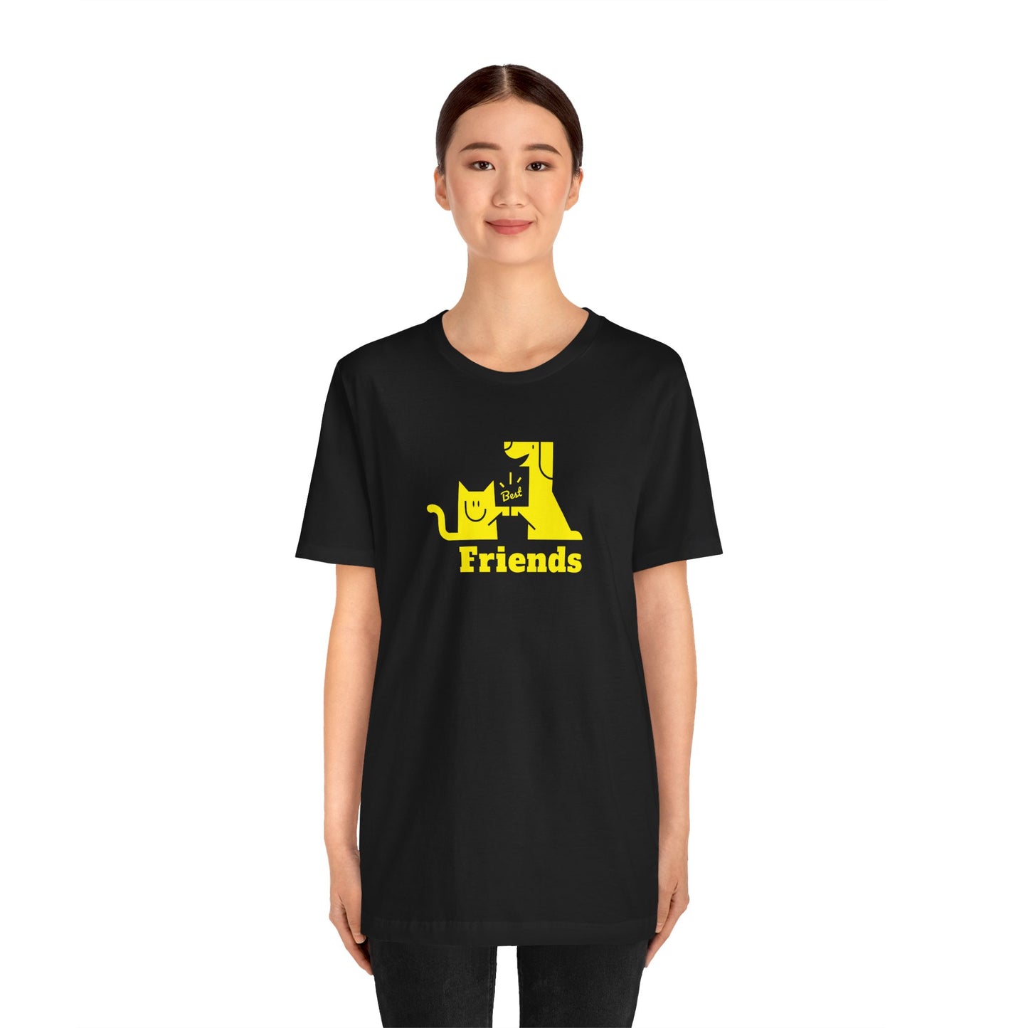 Cat & Dog Hi-5 Each Other Best Friends Yellow Print Unisex Jersey Short Sleeve Tee