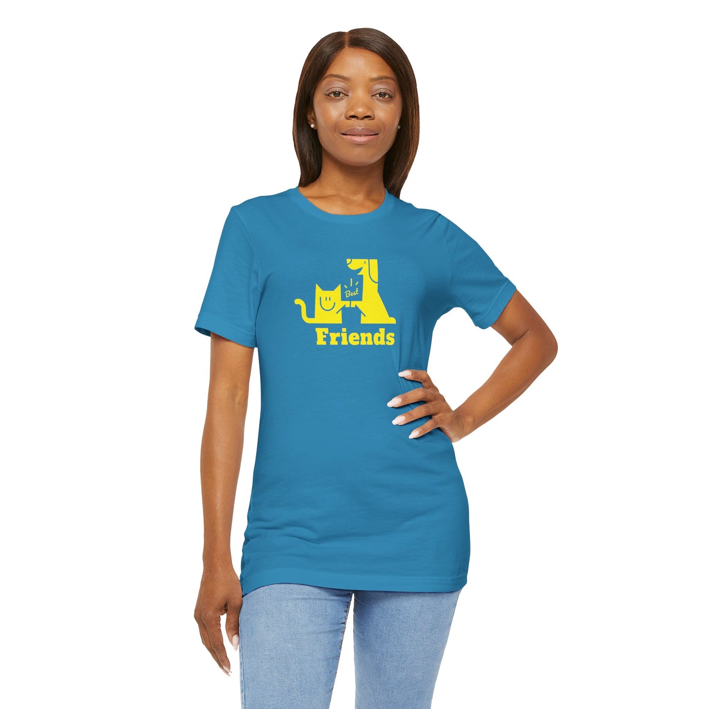 Cat & Dog Hi-5 Each Other Best Friends Yellow Print Unisex Jersey Short Sleeve Tee
