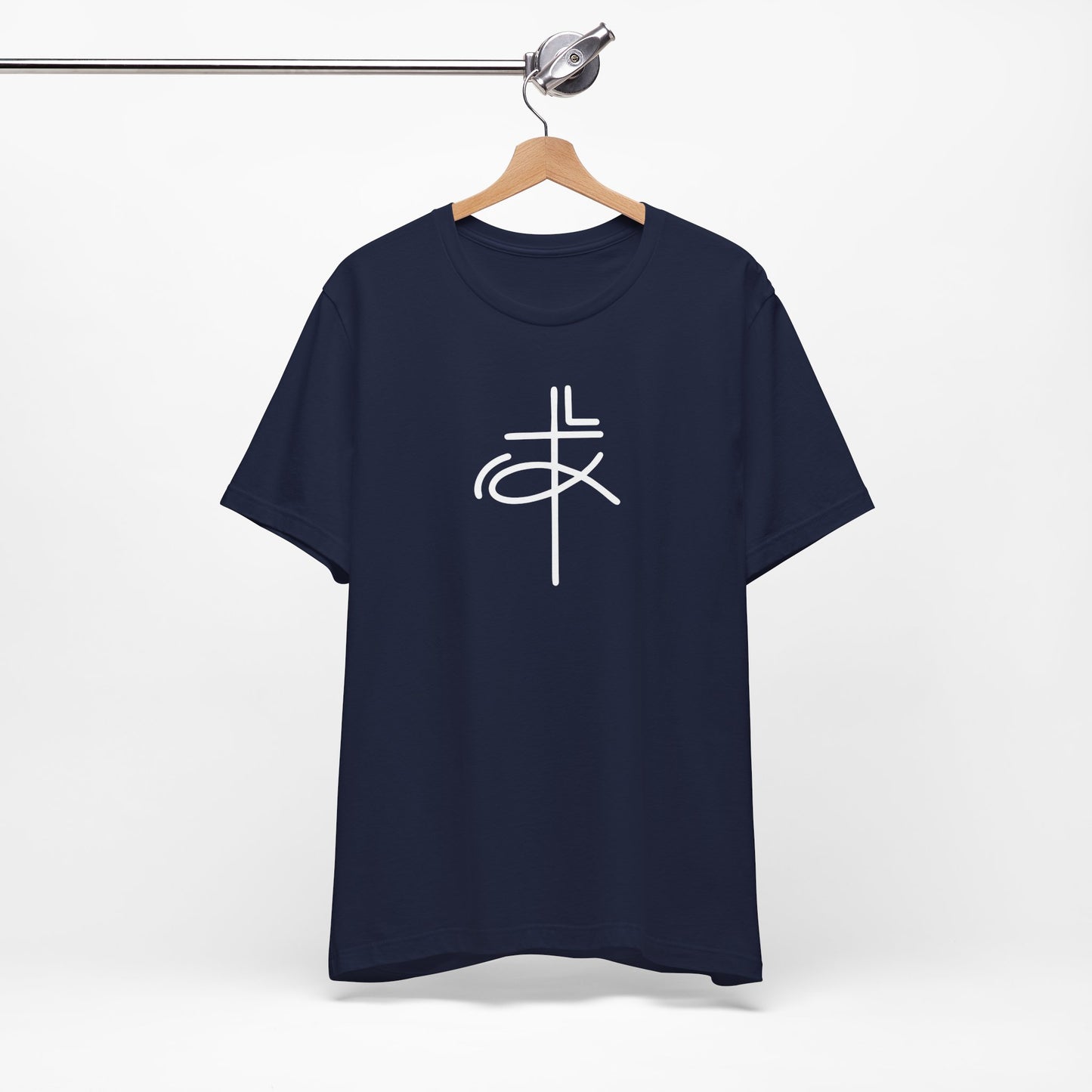 Crucifix Ichthys Jesus Fish White Print Unisex Jersey Short Sleeve Tee