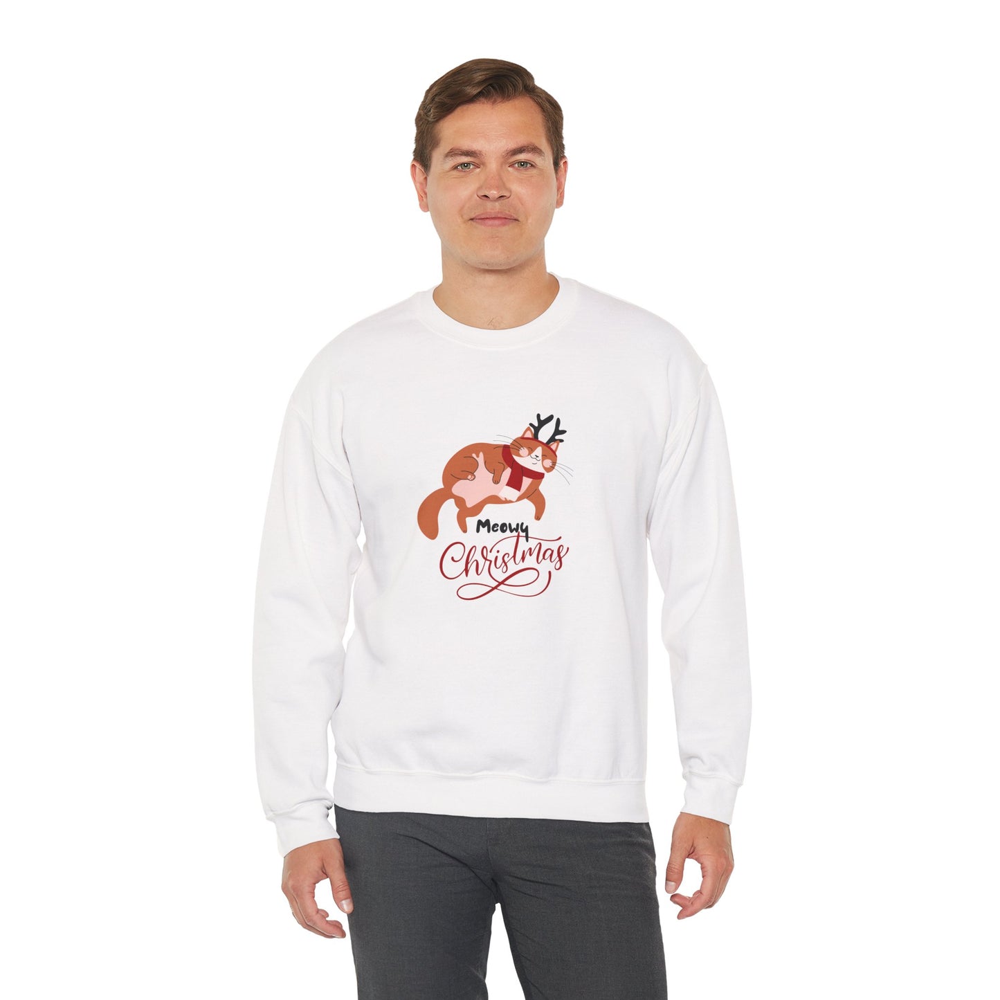 Meowy Christmas with Reindeer Cat ππ±π¦ Unisex Heavy Blend Crewneck Sweatshirt