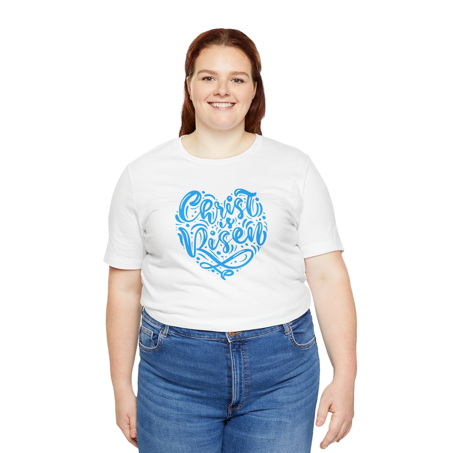 Christ is Risen Heart Shaped Blue Print Unisex Jersey Short Sleeve Tee
