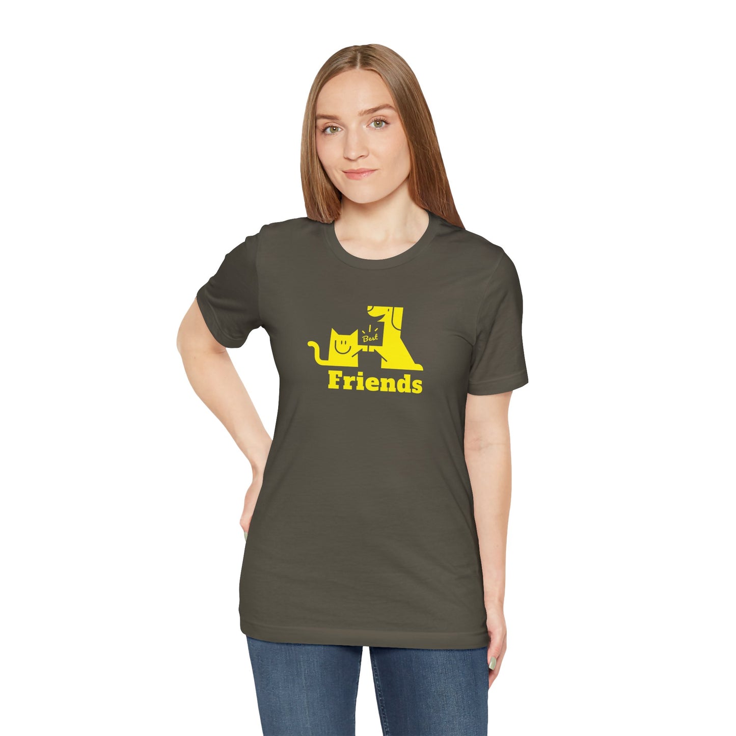 Cat & Dog Hi-5 Each Other Best Friends Yellow Print Unisex Jersey Short Sleeve Tee