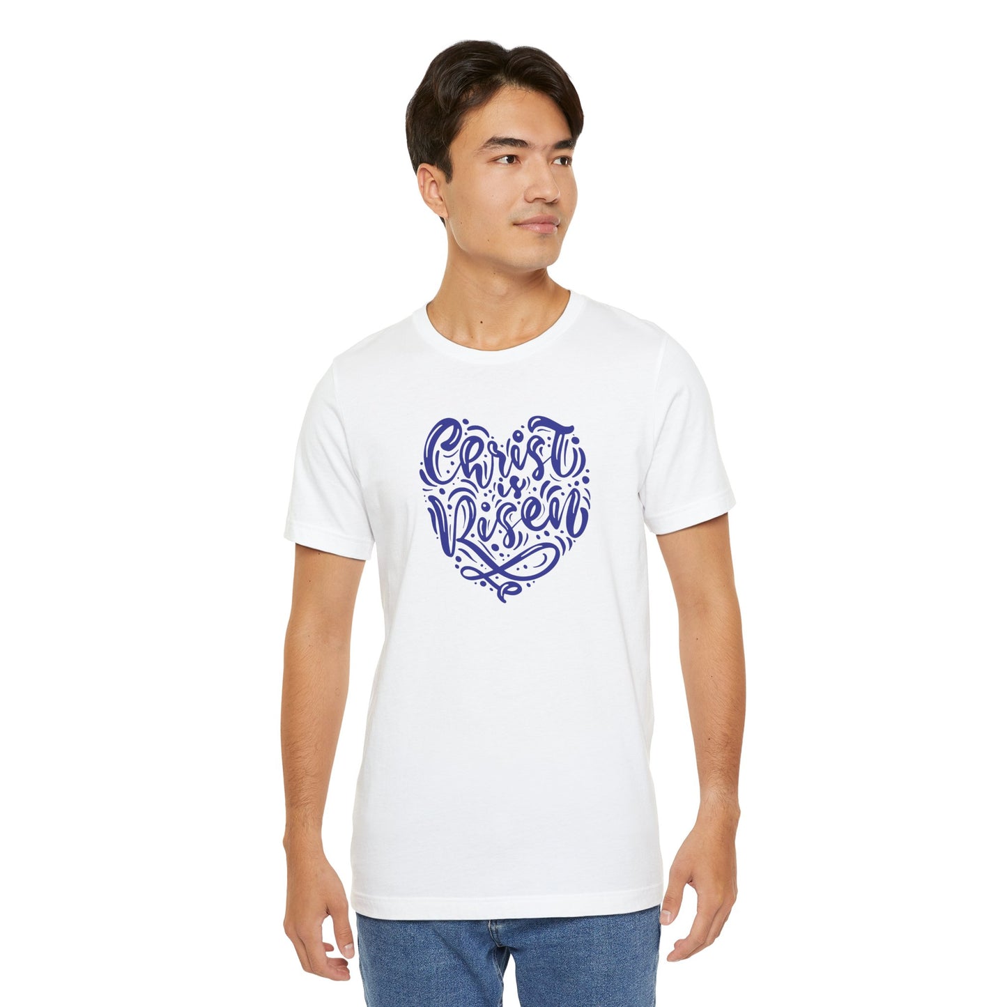 Christ is Risen Heart Shaped Navy Print Unisex Jersey Short Sleeve Tee